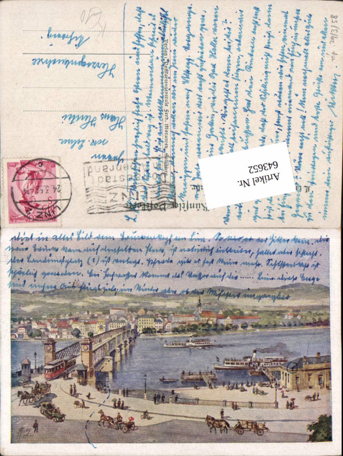 643652,tolle Künstler AK Andreas Ruep Linz an der Donau Urfahr Brücke Landungsplatz