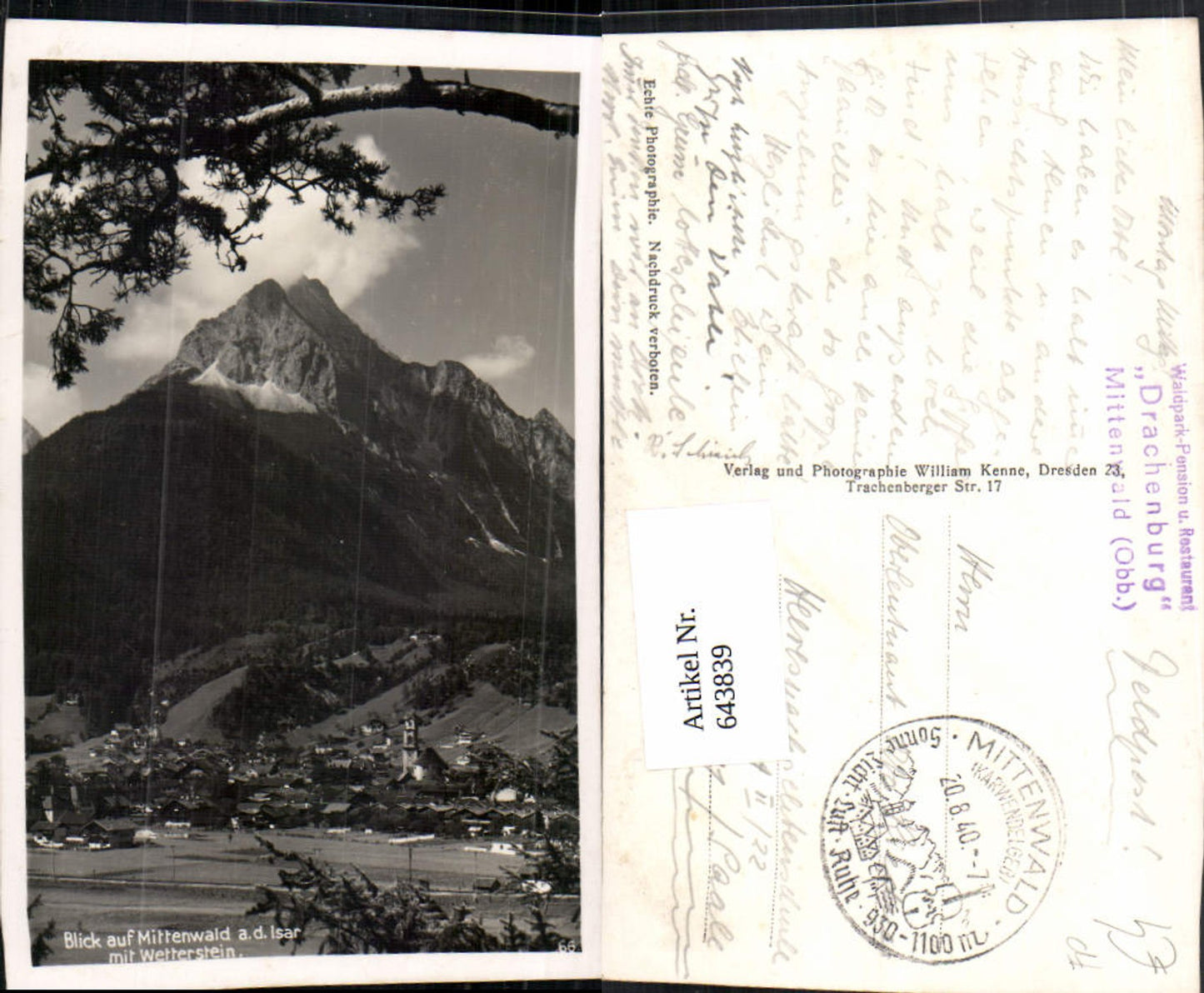 643839,Mittenwald an der Isar Feldpost 1940 n. Halle Saale Heeresnachrichtenschule