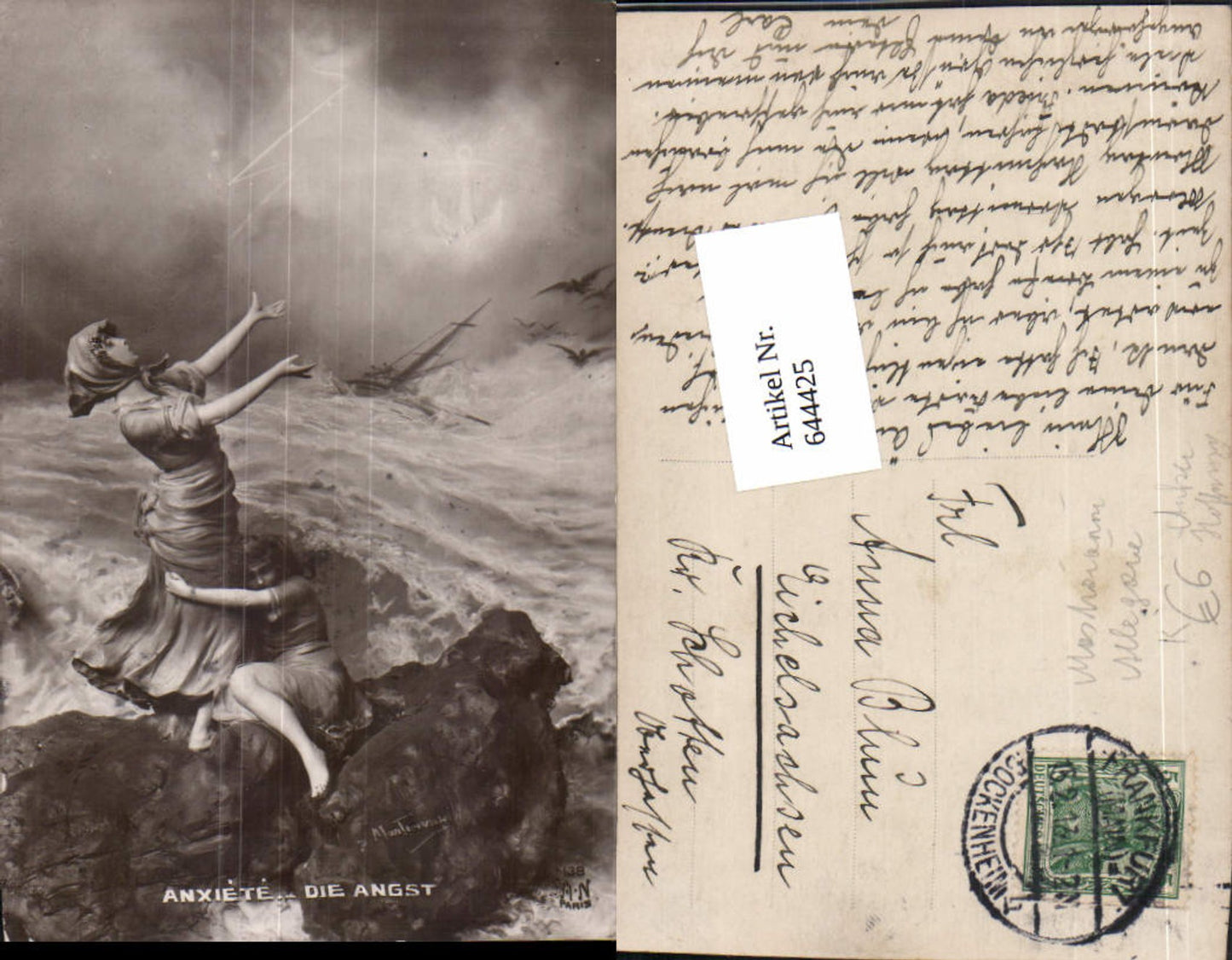 644425,Allegorie AK Mastroianni Jugendstil Die Angst Sturm Meer Anker Hoffnung