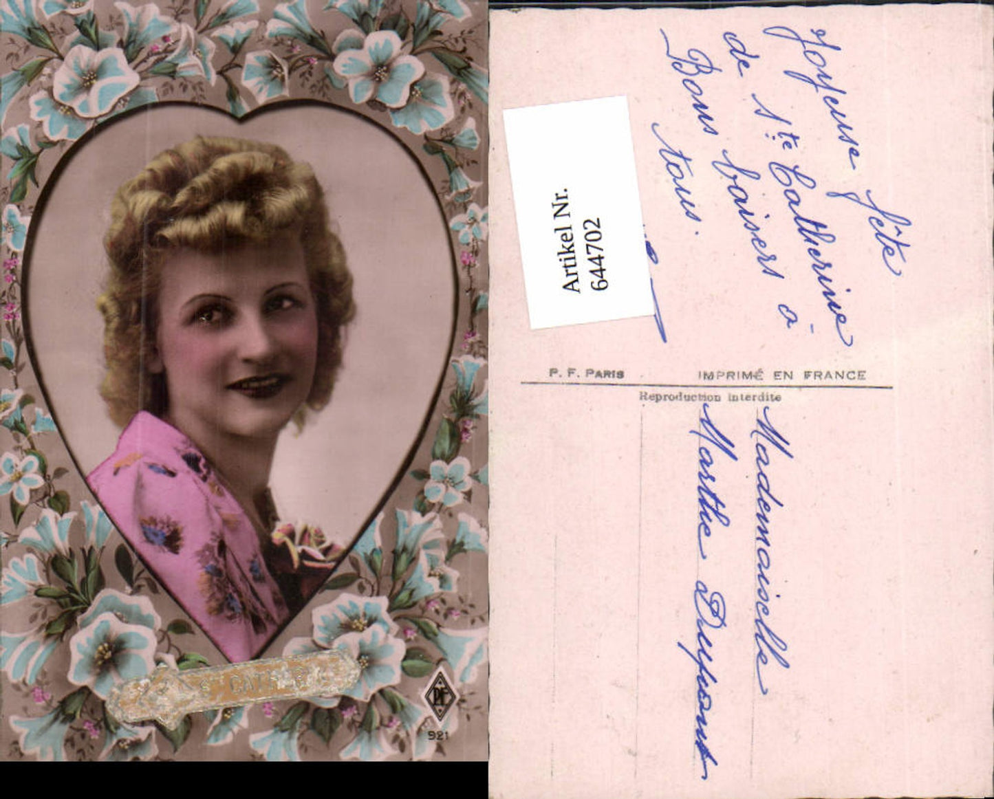 644702,Foto-AK Liebe Portrait Frau Herz Veilchen Vergissmeinnicht