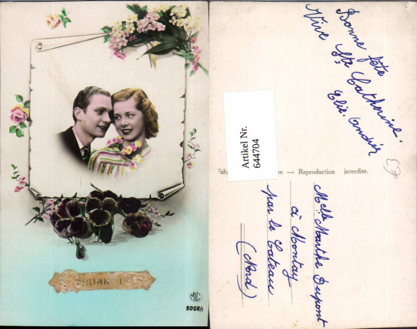 644704,Foto-AK Liebe Portrait Frau Mann Paar Vergissmeinnicht