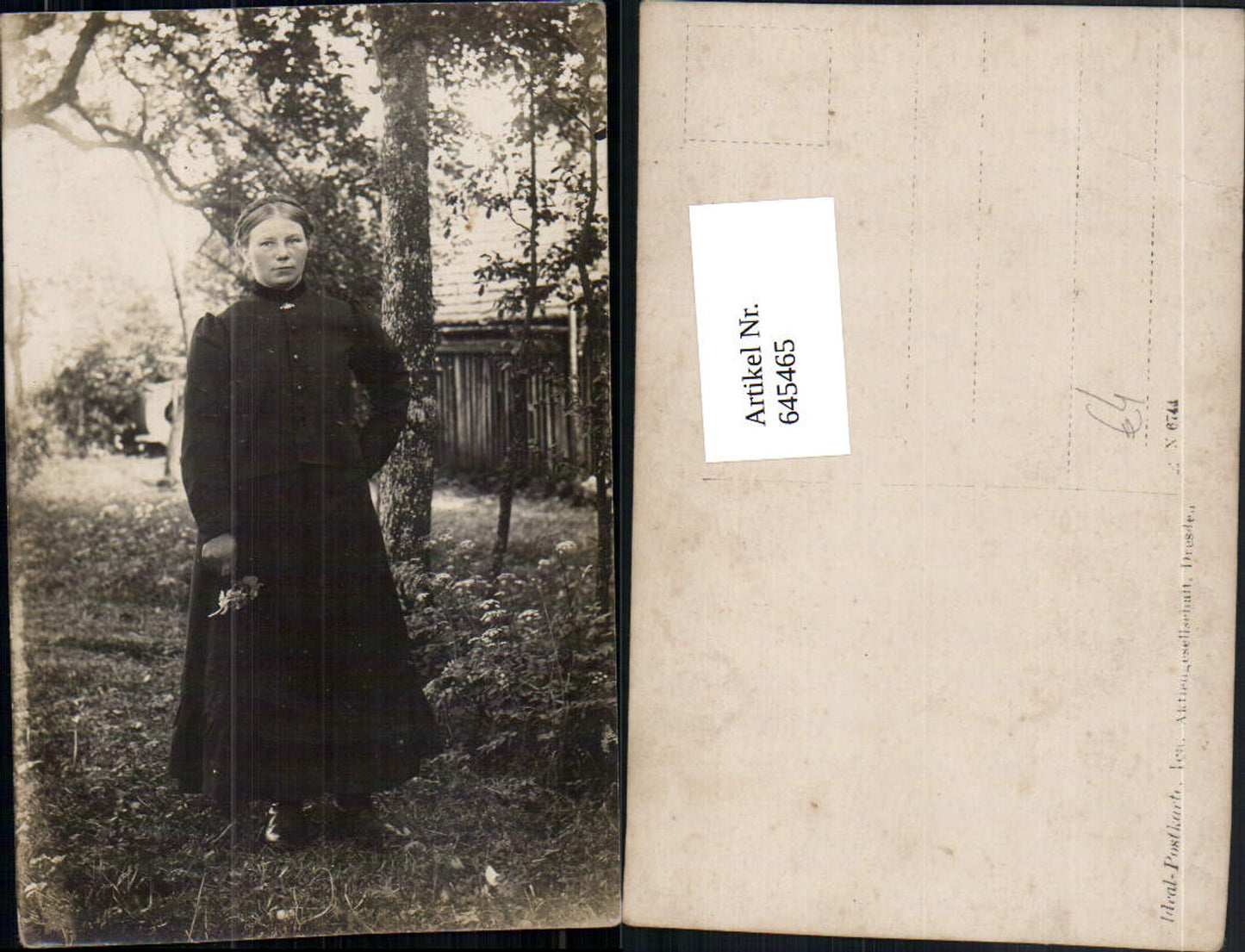 645465, Photo-AK Woman in garden Dress Flower Ideal Postcard Dresden