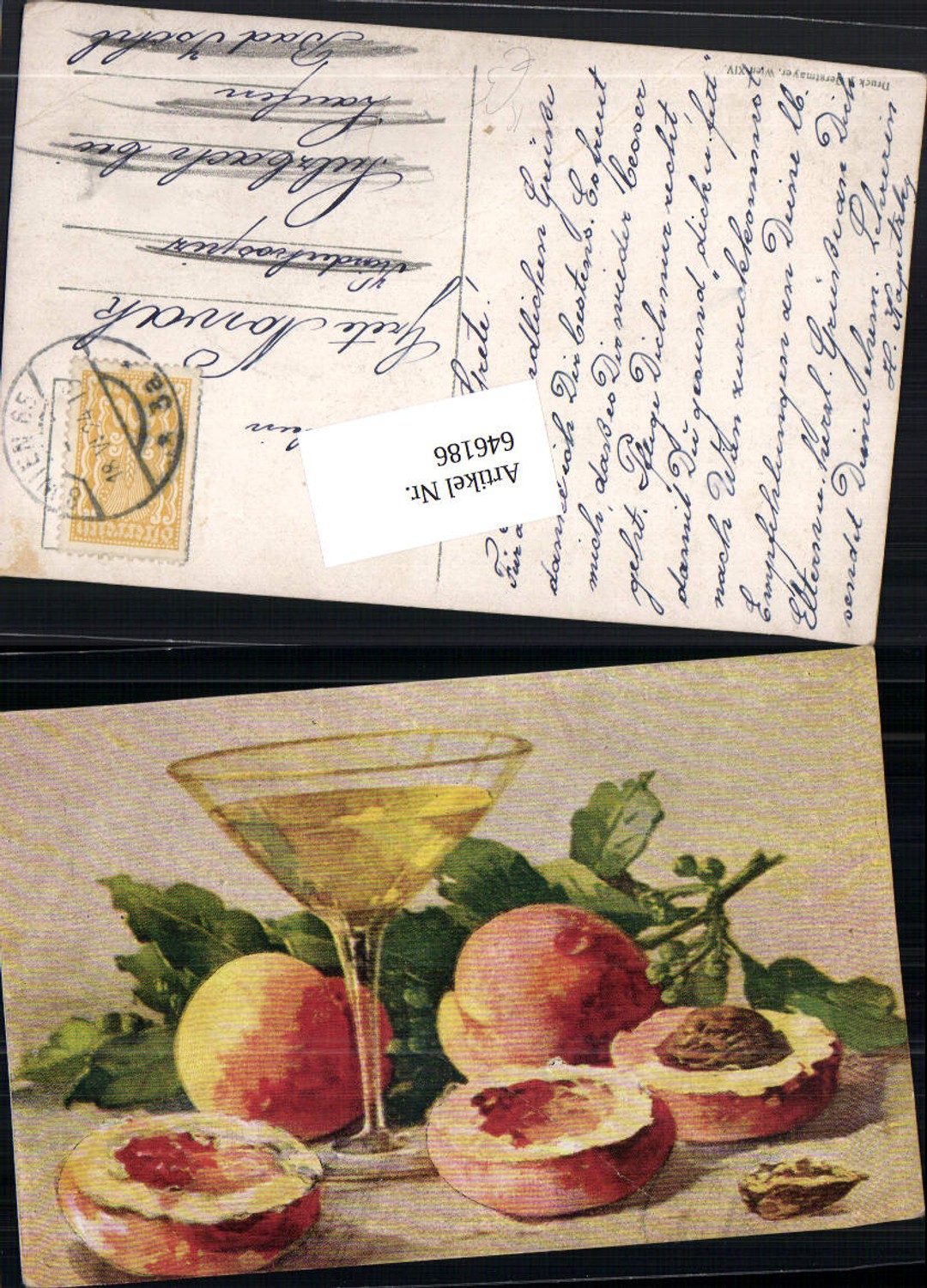 646186,Künstler AK Catharina Klein unsign. Stillleben Pfirsich Wein Öl