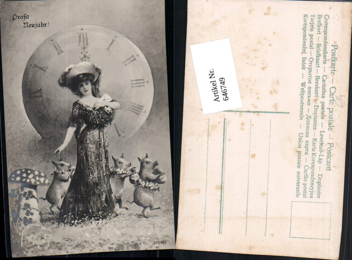 Künstler AK Surrealismus Jugendstil Frau Mode Ferkel Uhr Ziffernblatt vermenschlicht Pilz Fliegenpilz