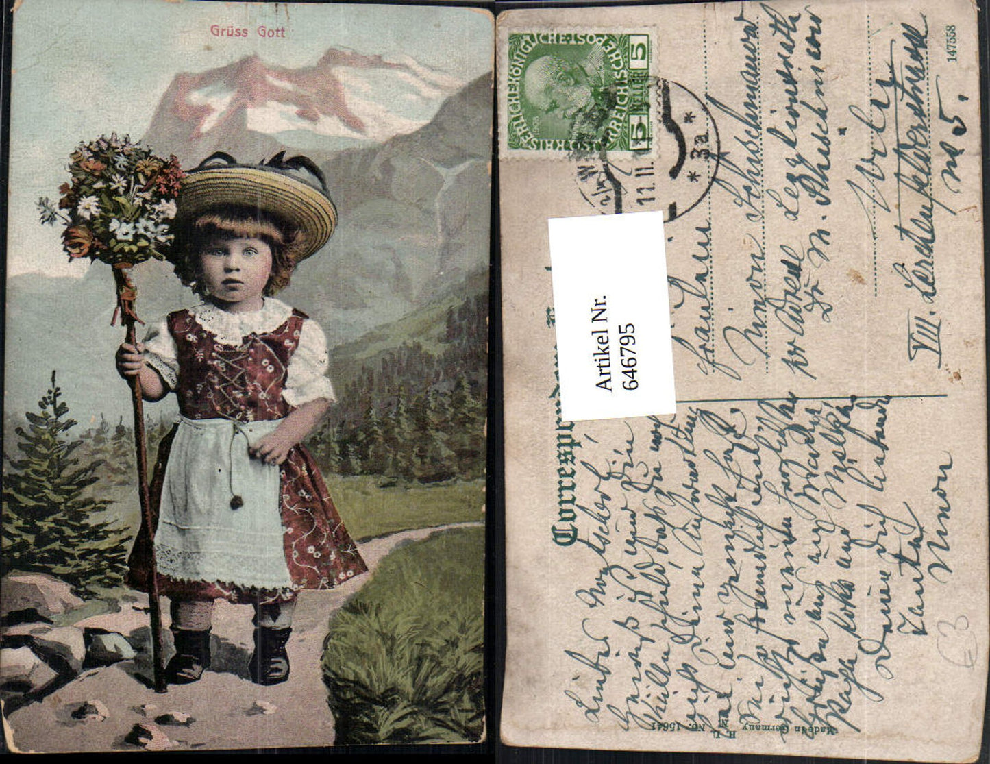 646795,Mädchen Kind Tracht m. Blumen auf Stock gebunden Bergkulisse