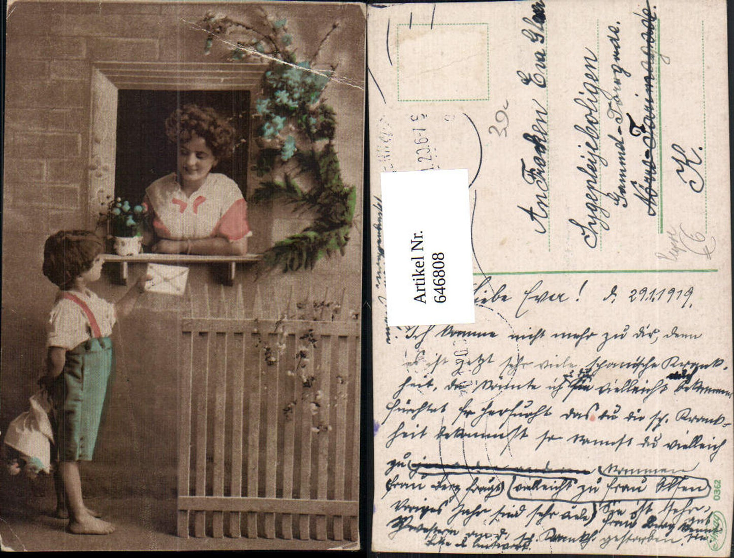 646808,Frau a. Fenster Bub Junge m. Brief Kuvert Blumen