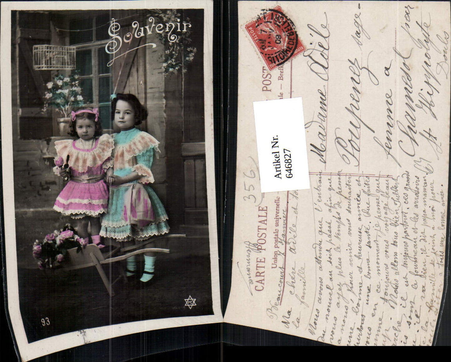 646827,Kinder Mädchen Schubkarre Scheibtruhe Rosen Blumen Souvenir