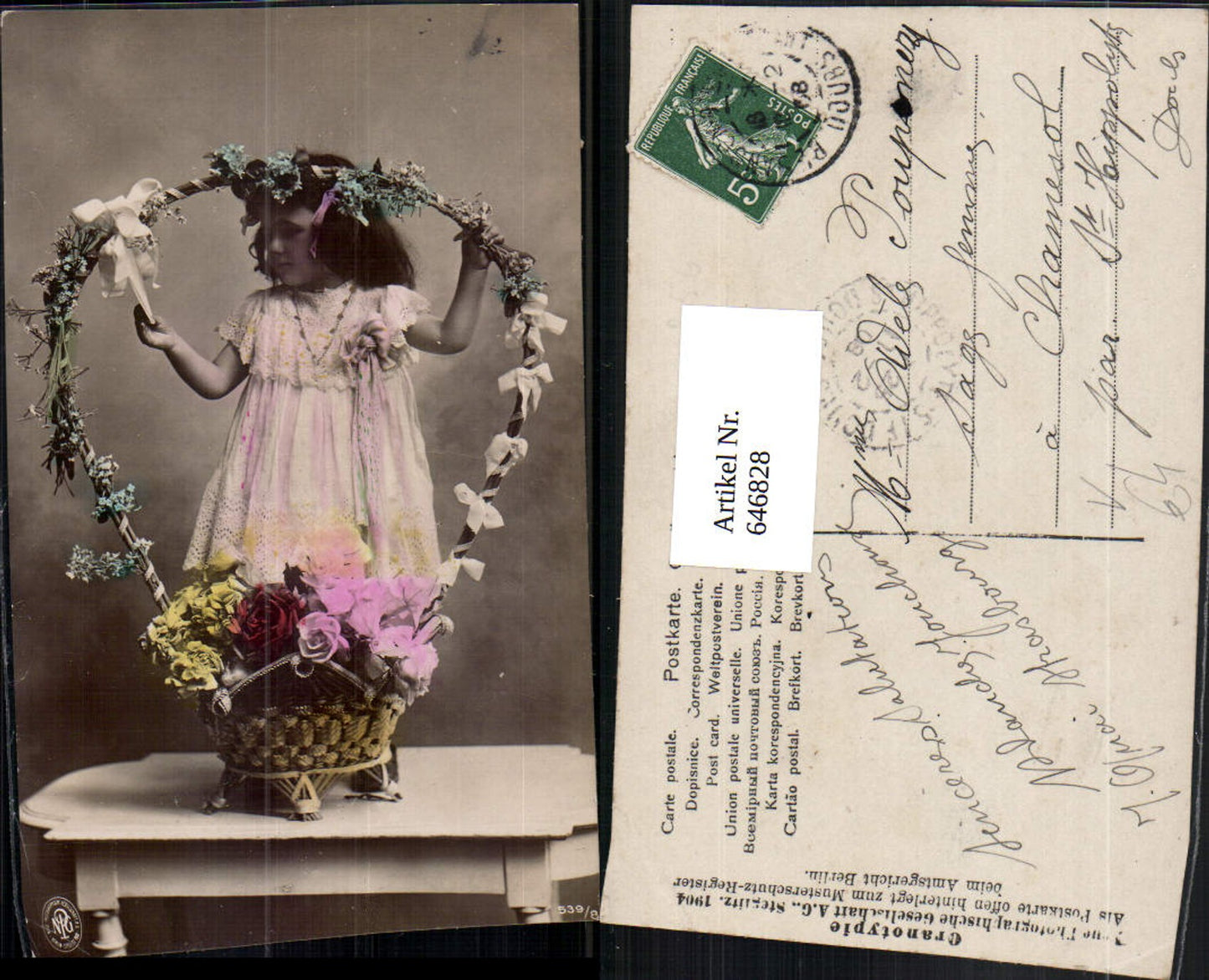 646828,Kind Mädchen m. Korb Blumen Rosen Vergissmeinnicht pub NPG 539/8