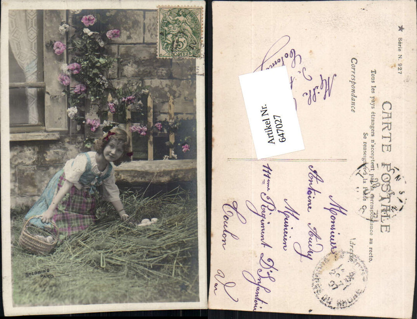 647027, Photo-AK Child Easter Girl Easter eggs in hay basket pub Stebbing Paris