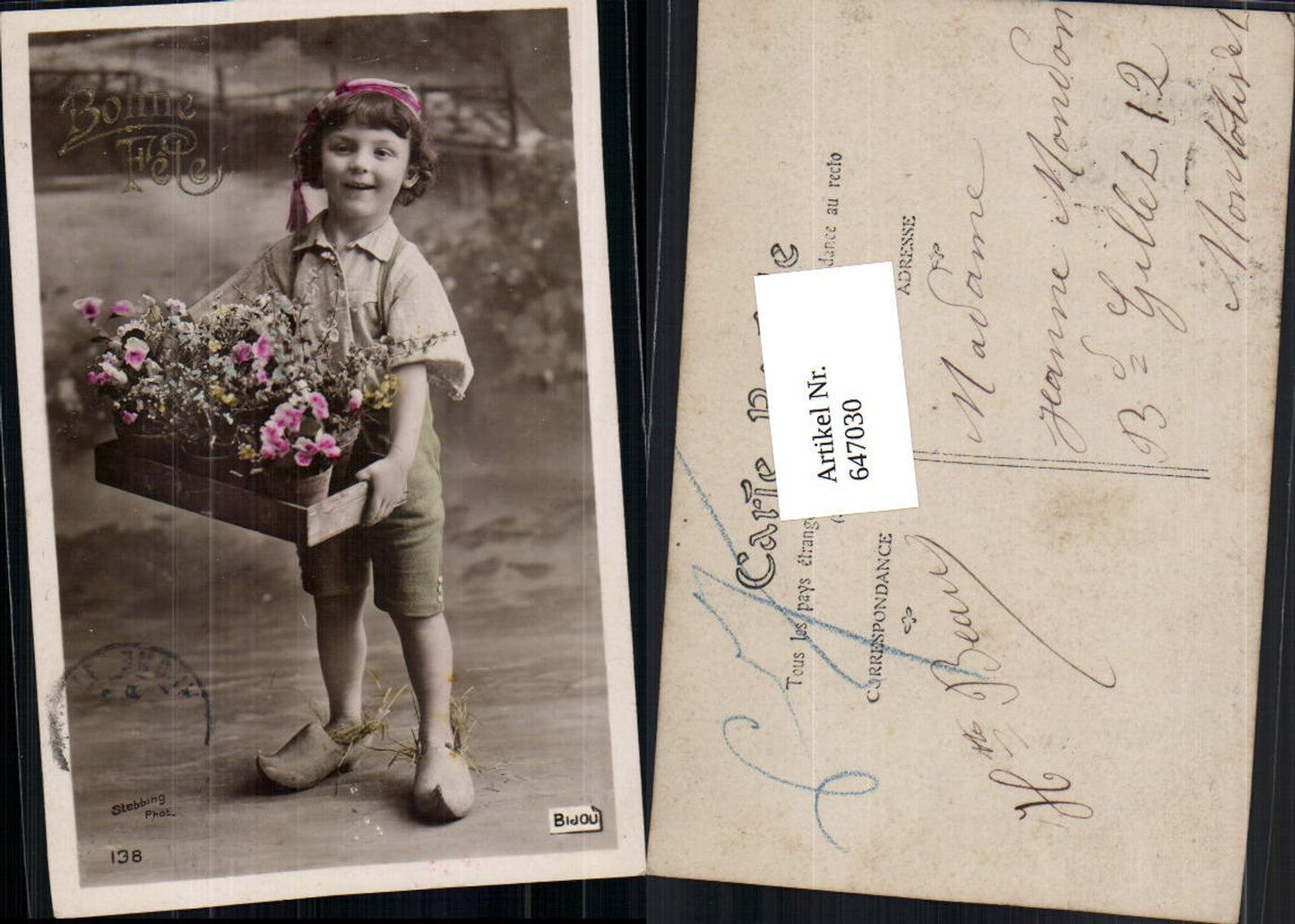 647030,Foto-AK Kind Junge Blumen Bonne Fete pub Stebbing phot. 138