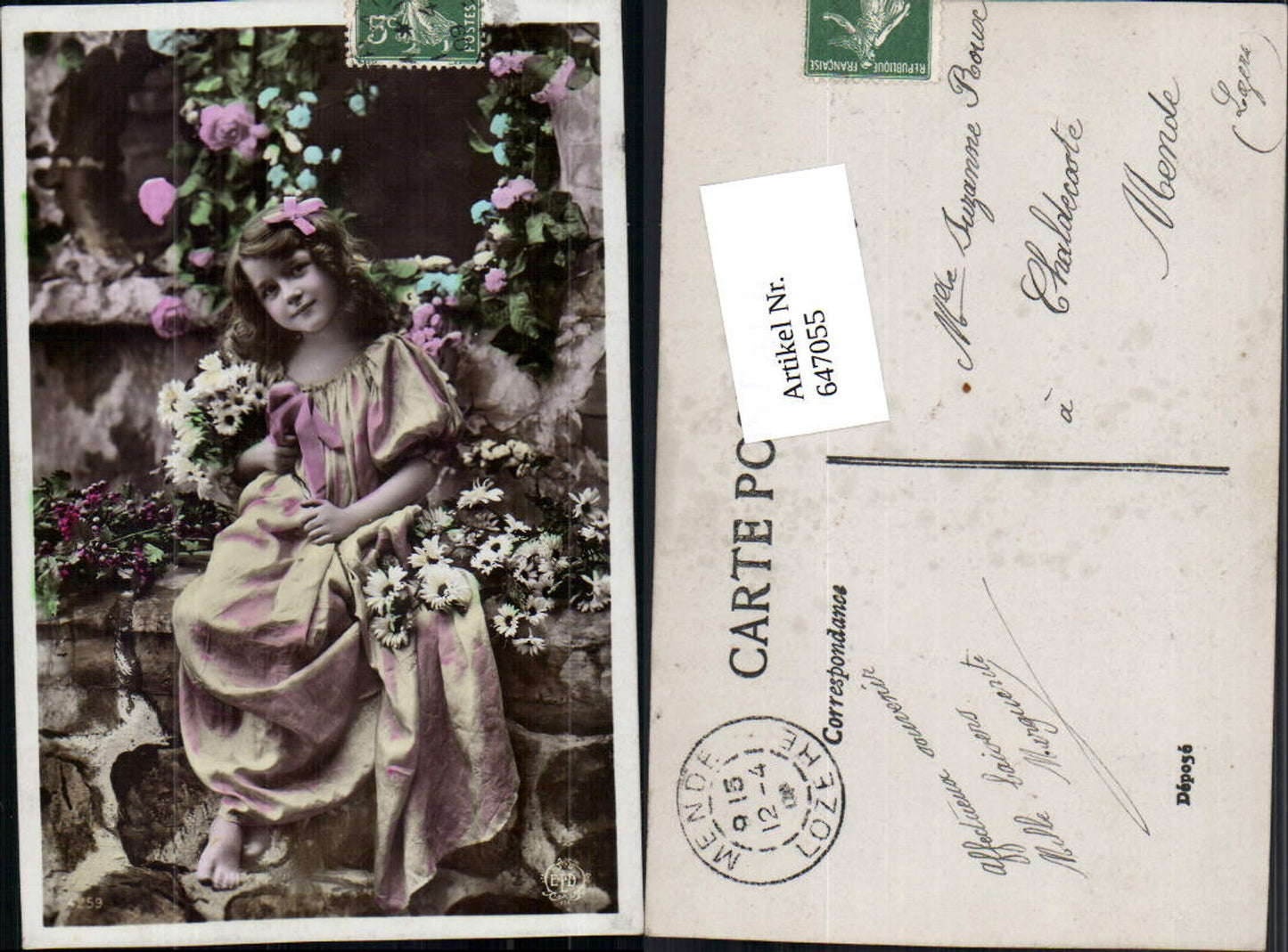647055,Foto-AK Kind Mädchen Kleid Gänseblümchen