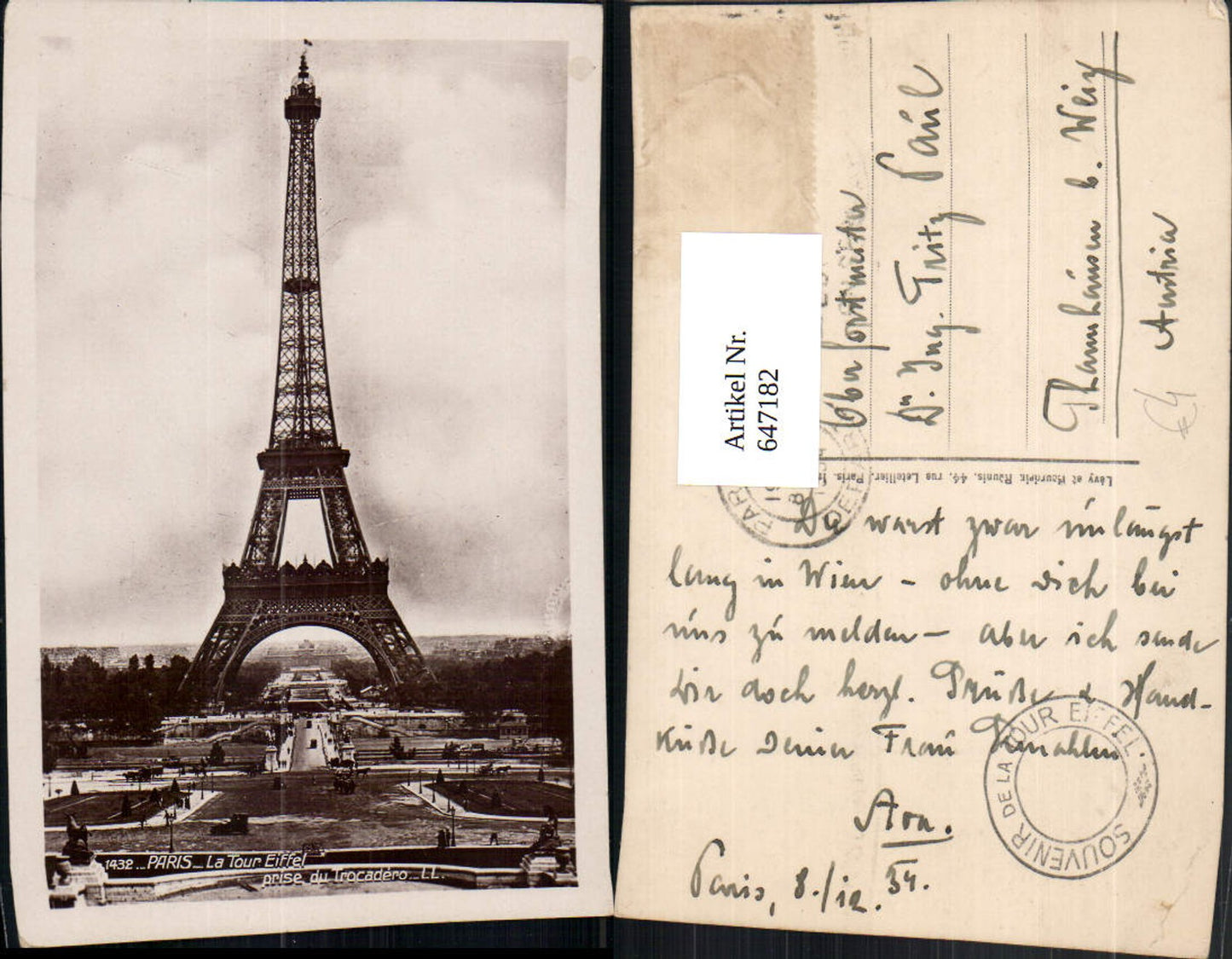 647182, Photo Ak Paris La Tour Eiffel Eiffel Tower France
