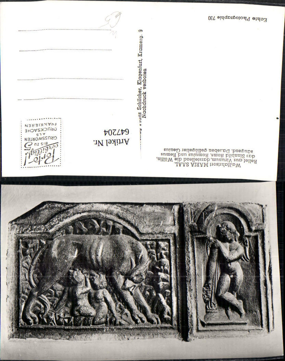 647204,Foto Ak Wallfahrtsort Maria Saal Relief aus Virunum