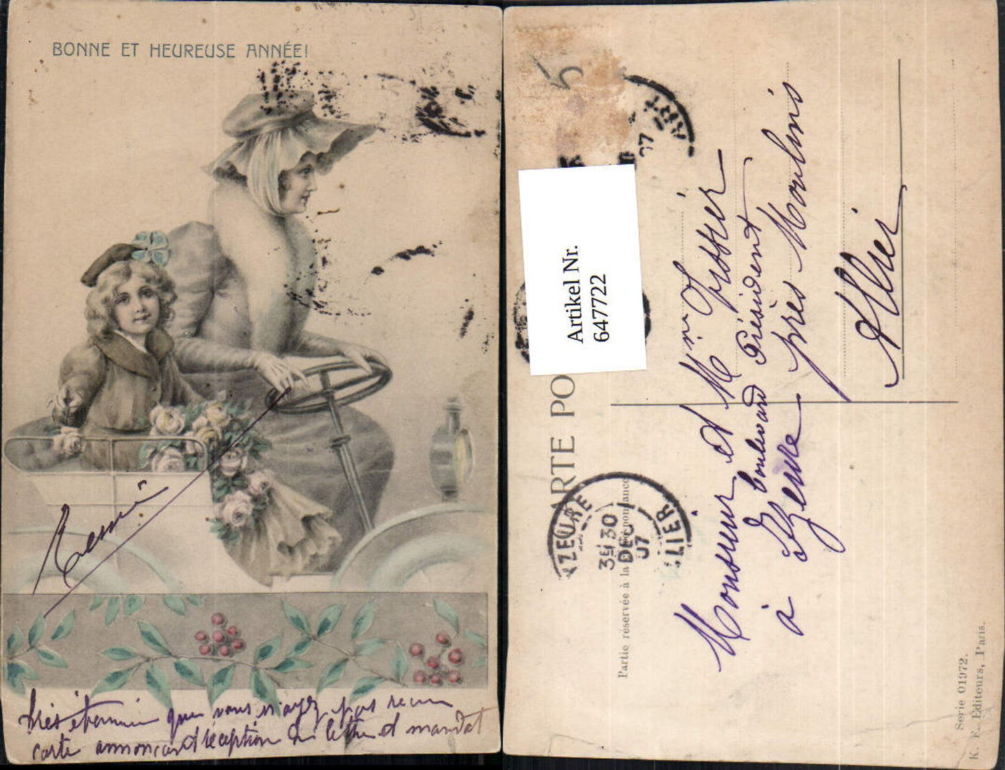 647722,Künstler Ak Bonne et Heureuse Annee Frau Kind Automobil Kleeblatt