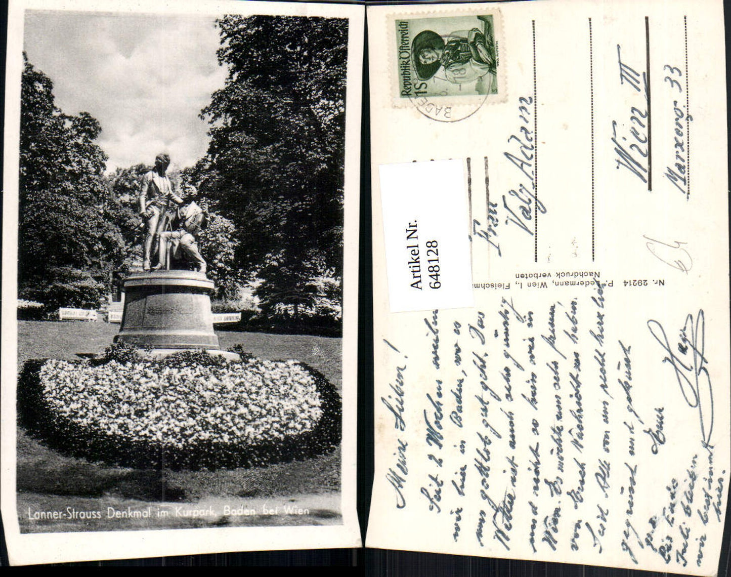 648128,Foto Ak Lanner-Strauss Denkmal i. Kurpark Baden b. Wien