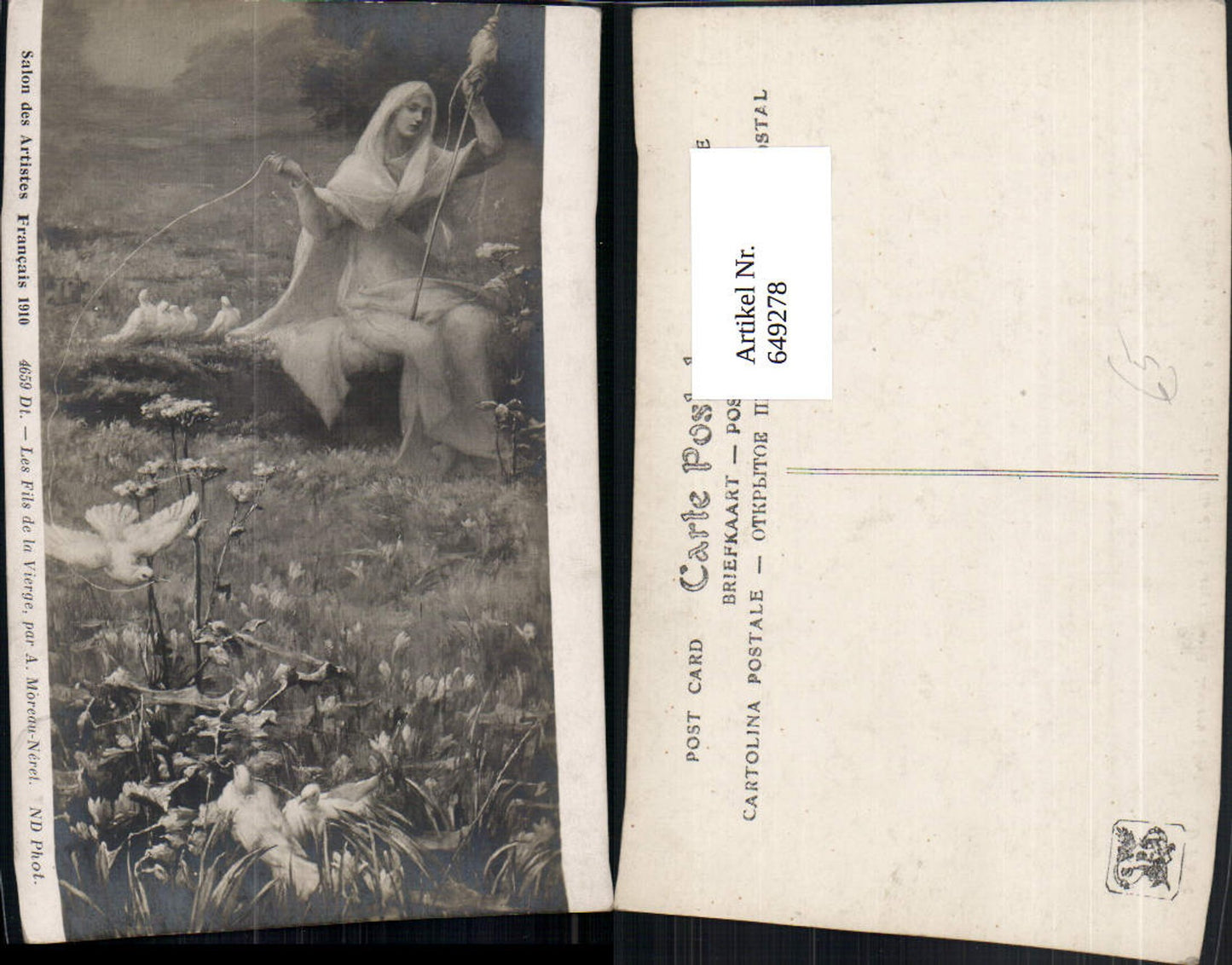 649278,Künstler Ak A. Moreau-Neret Les Fils de la Vierge Frau Spinnen Tauben