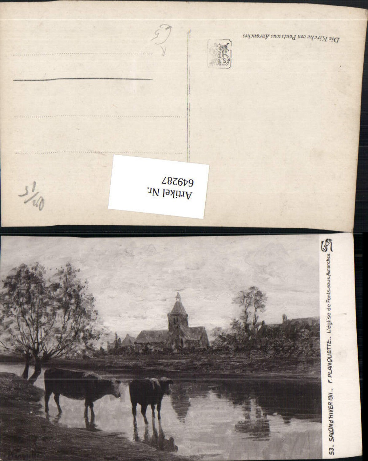 649287,Künstler Ak F. Planquette L Eglise de Ponts sous Avranches Kühe Rinder
