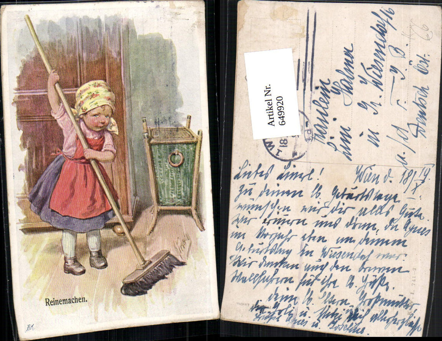 Künstler AK Karl Feiertag Mädchen Kind kehrt Besen Boden reinemachen pub B.K.W.I. 741-2