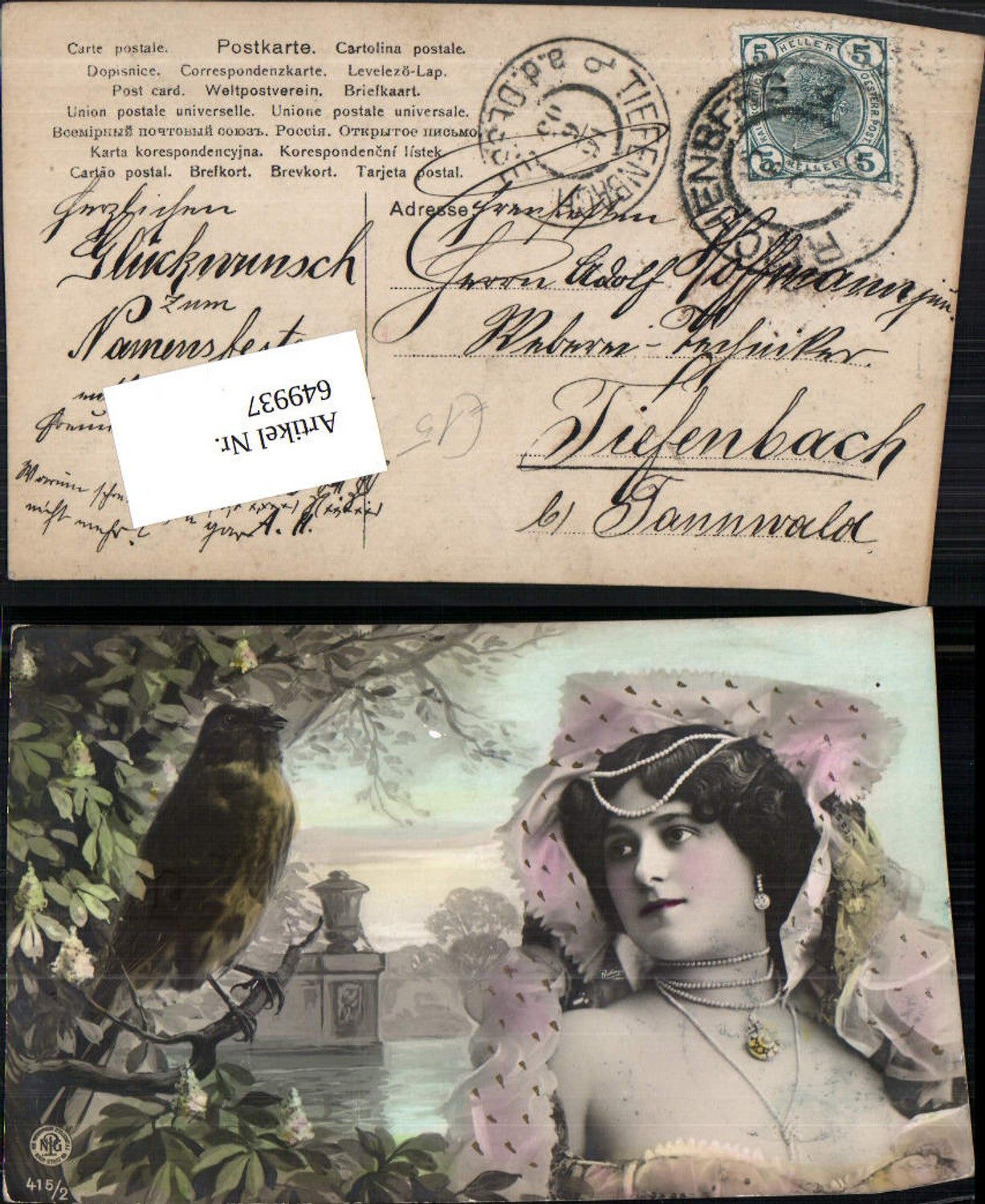 649937,tolle Jugendstil AK Frau Erotik Vogel Halskette Schmuck pub NPG 415/2