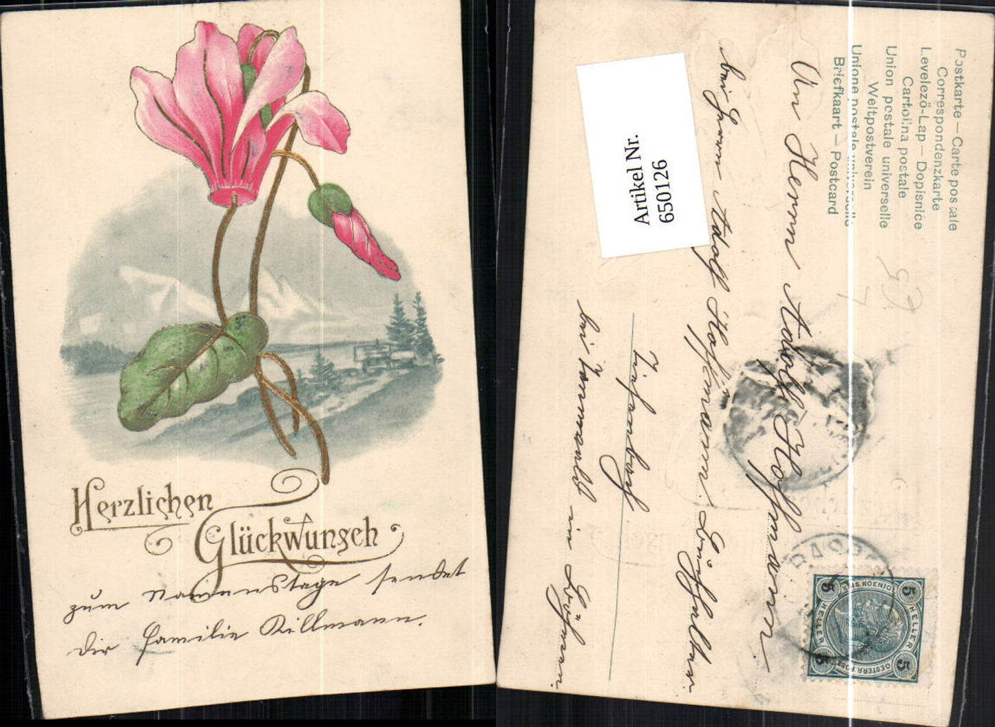 650126,Präge Lithographie Blumen Herzlichen Glückwunsch