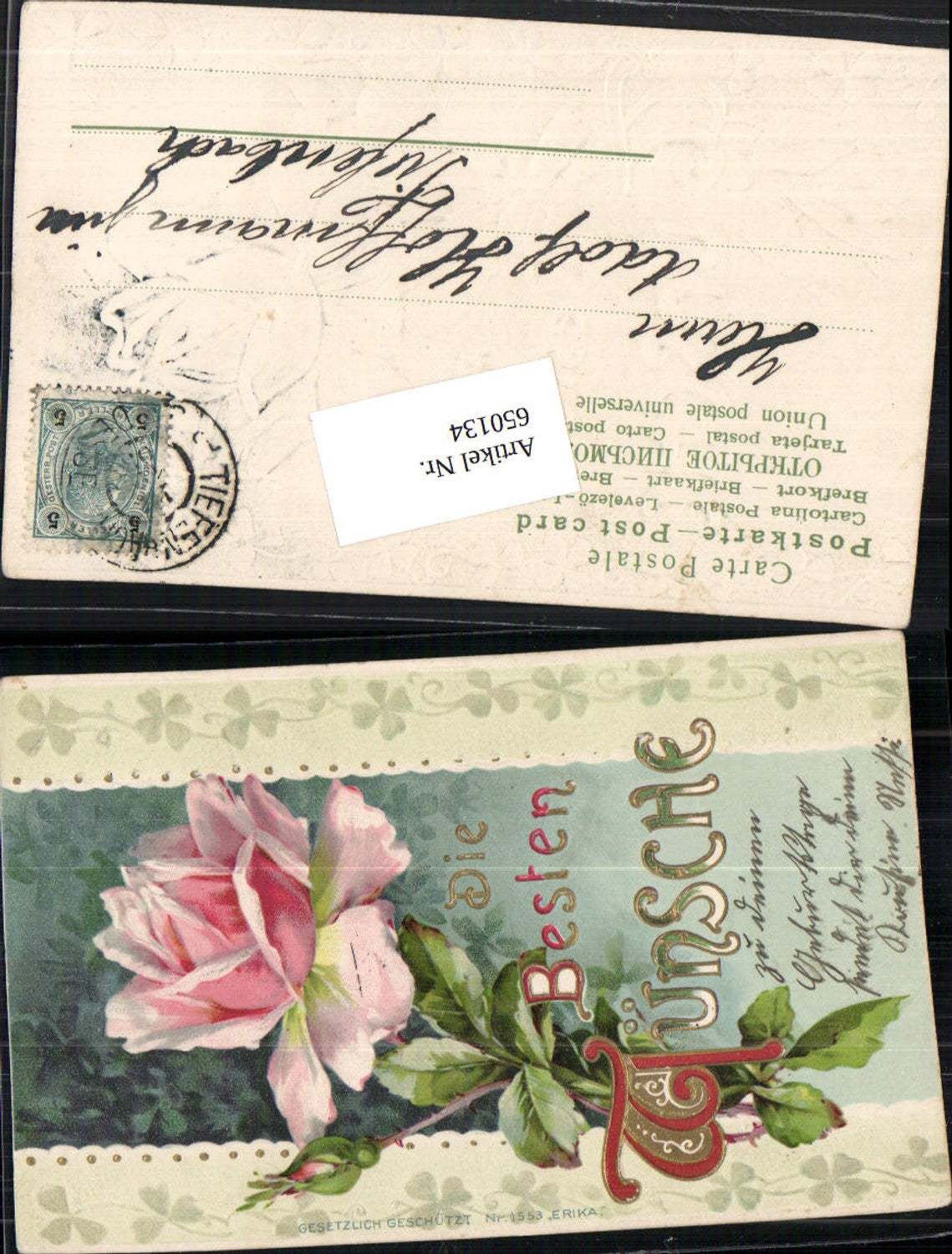 650134,Präge Lithographie Rose Blume Klee pub Erika 1553