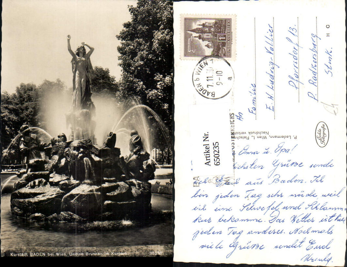 650235,Foto Ak Baden b. Wien Undine Brunnen im Kurpark