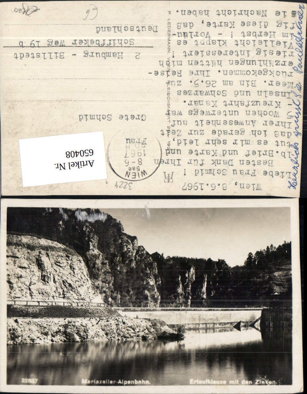 650408,Foto Ak Mariazeller Alpenbahn Erlaufklause mit den Zinken Mitterbach am Erlaufsee