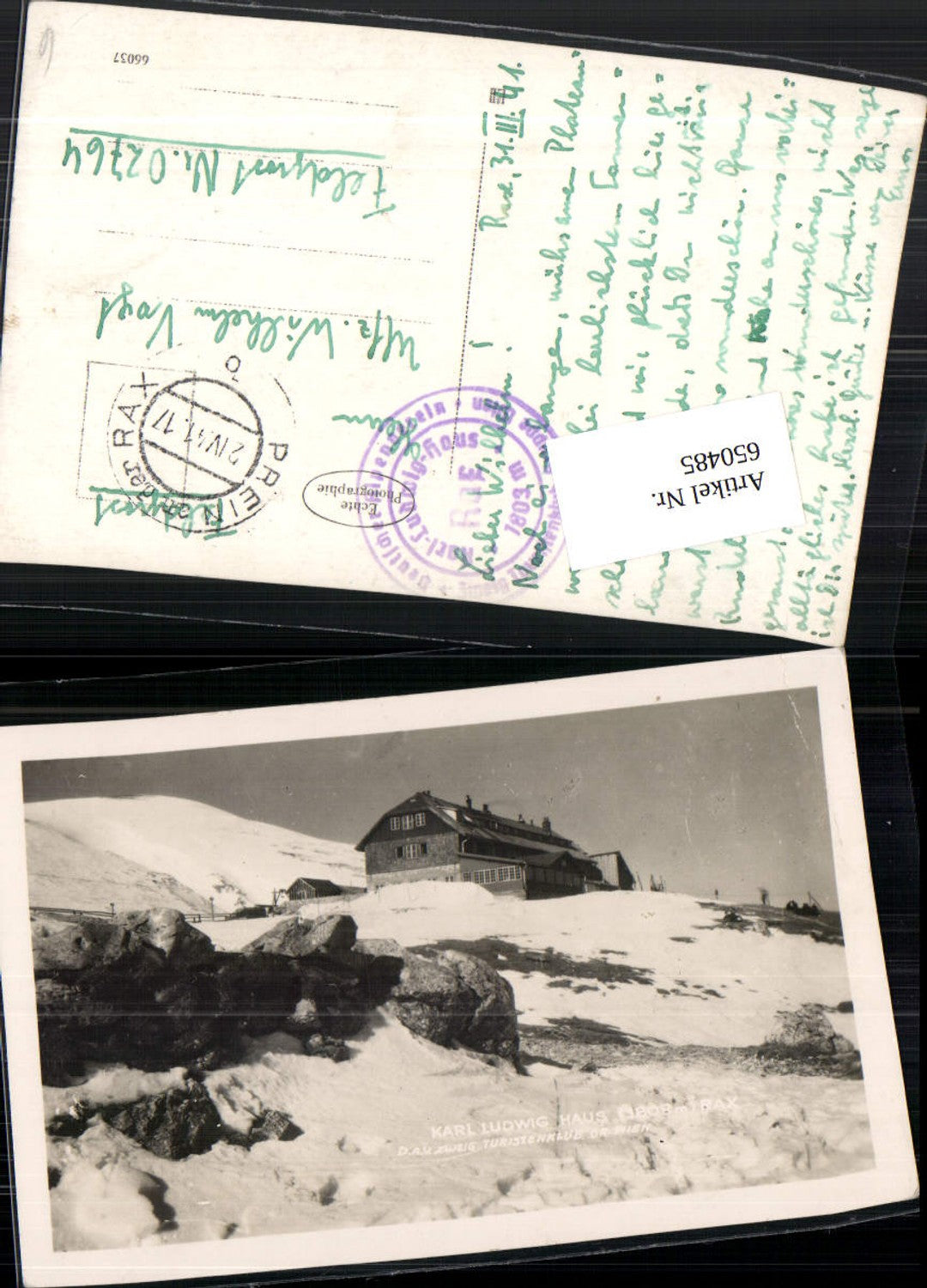650485,Karl Ludwig Haus Prein an der Rax Feldpost 1941 Hüttenstempel