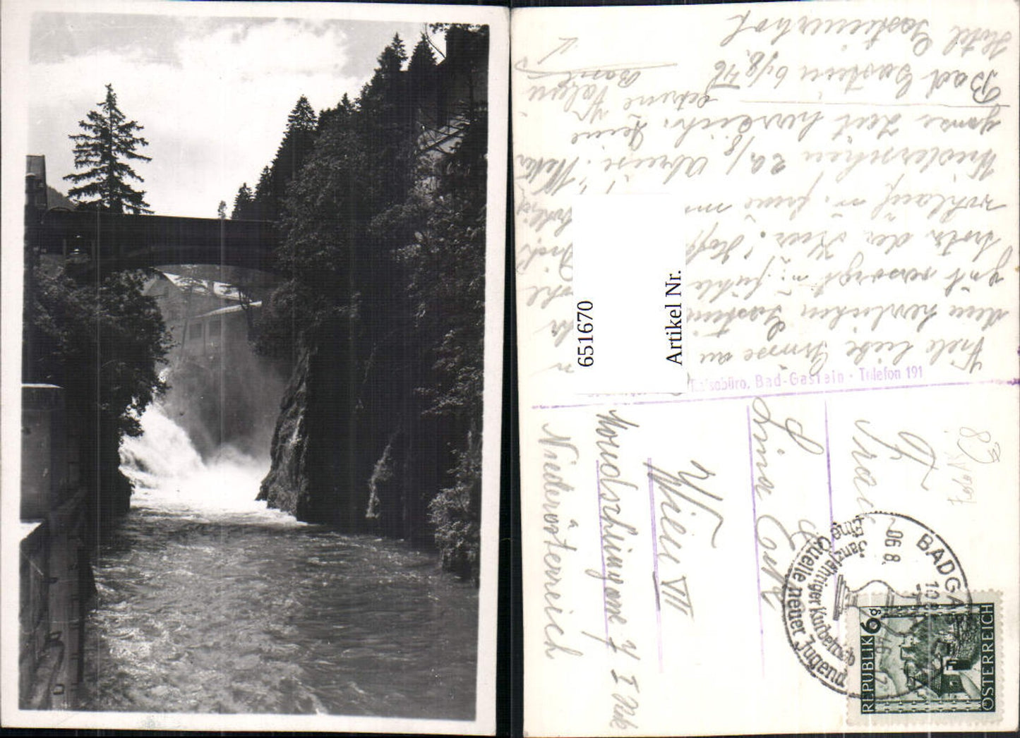 651670, Photo postcard Bad Gastein view with bridge and waterfall