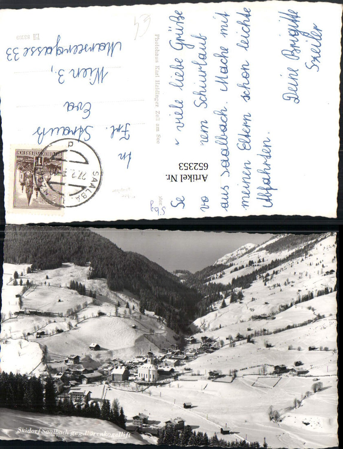 652353,Foto Ak Saalbach-Hinterglemm Saalbach geg. Bärenkogellift Winteransicht