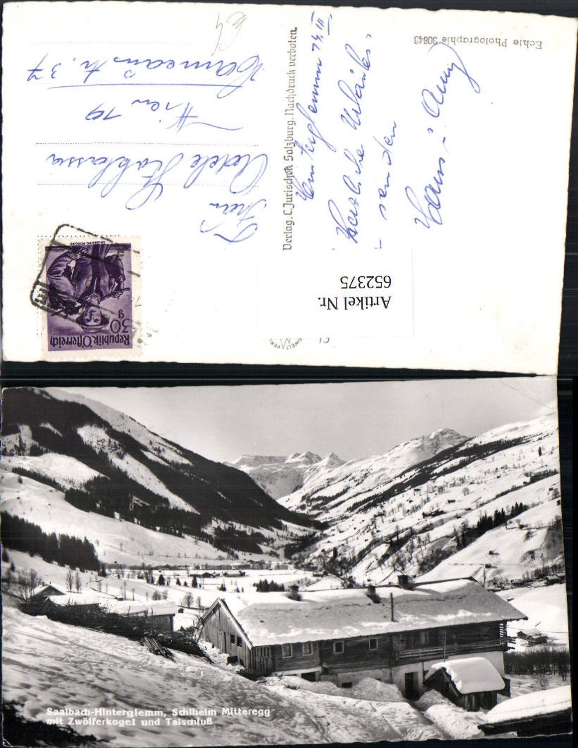 652375,Foto Ak Saalbach-Hinterglemm Schiheim m. Zwölferkogel u. Talschluß Winteransicht