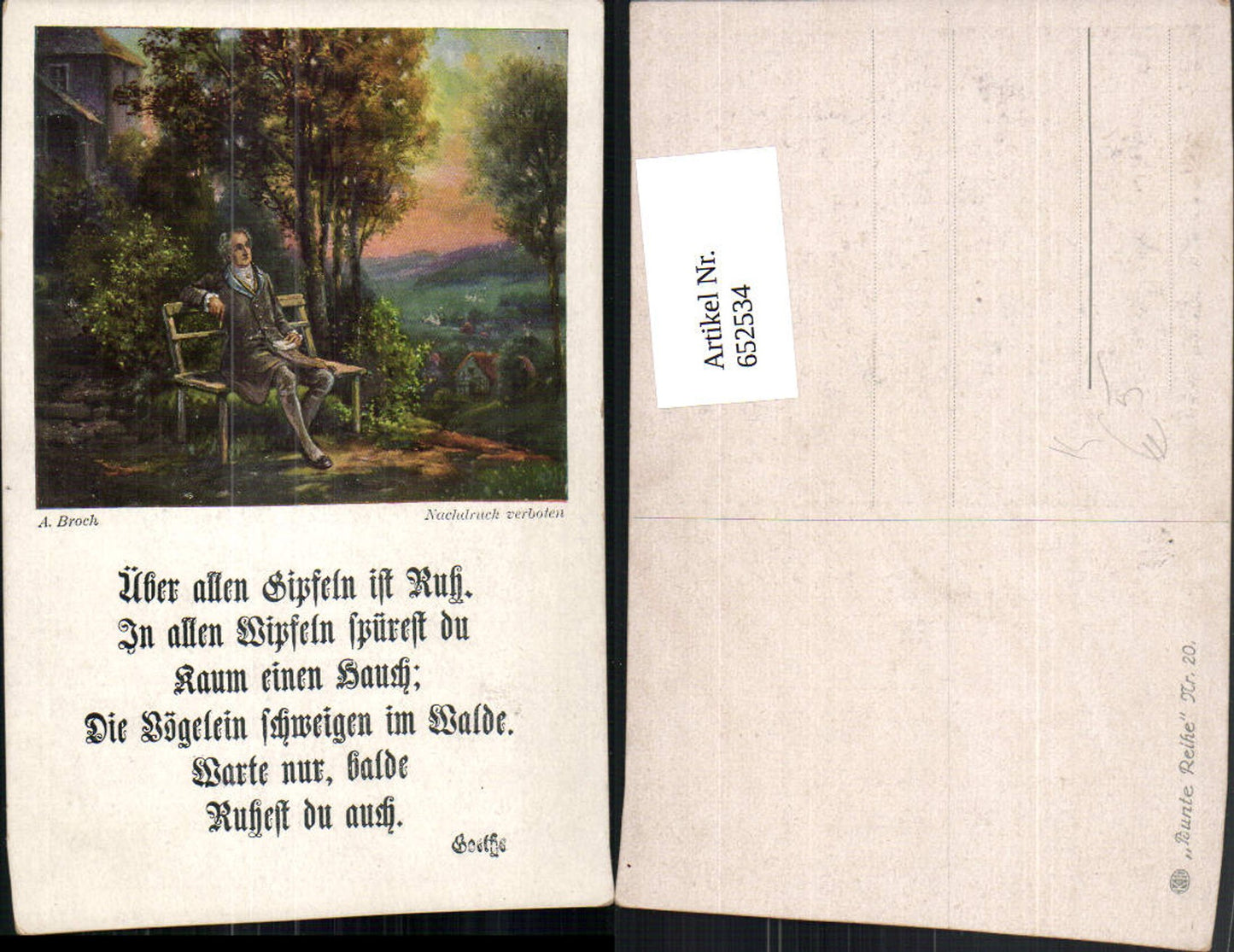 652534, Artist Ak A. Broch Goethe Text Saying Over all the hilltops is peace