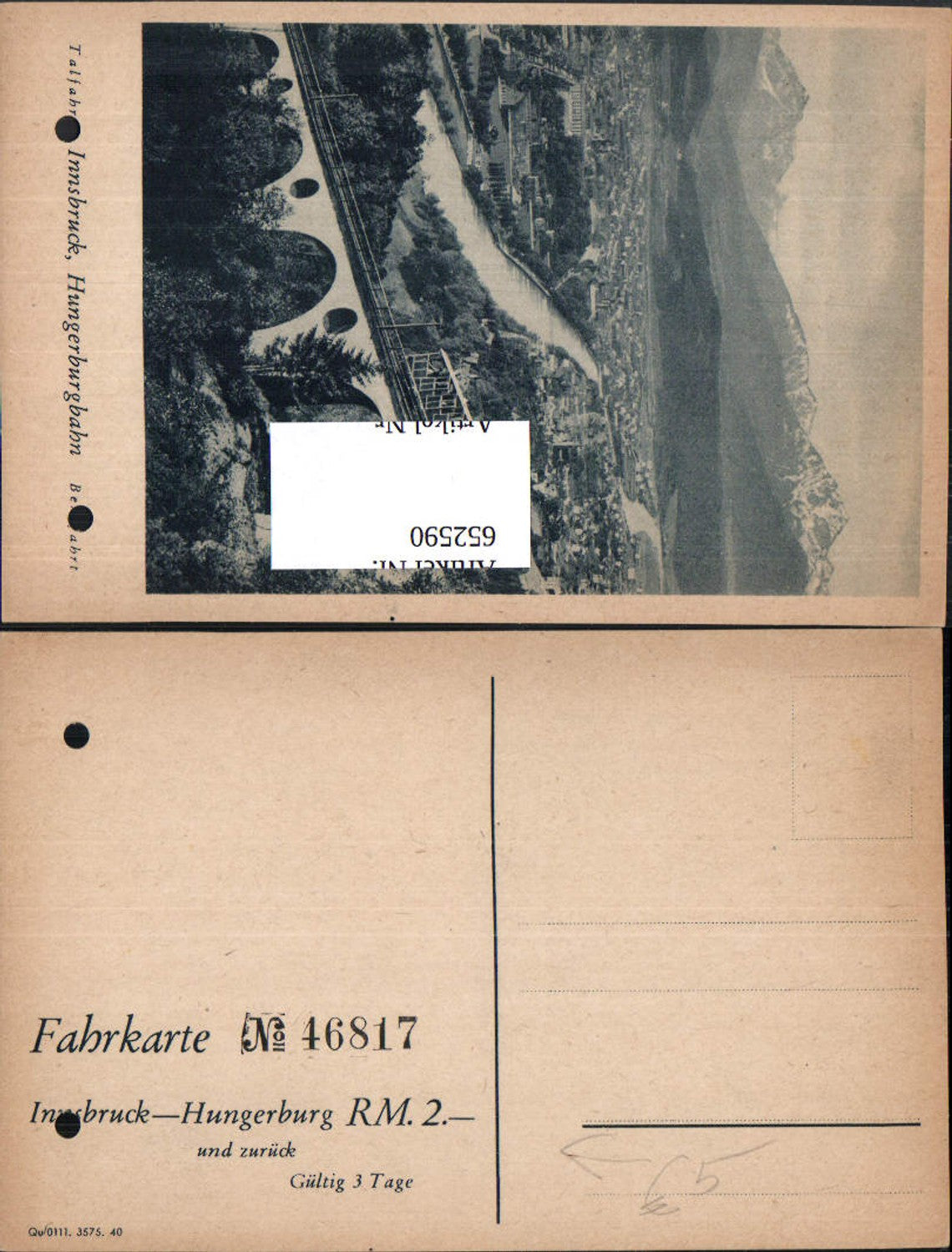 652590, Ticket No. 46817 Innsbruck Hungerburg Reichsmark 2 punched
