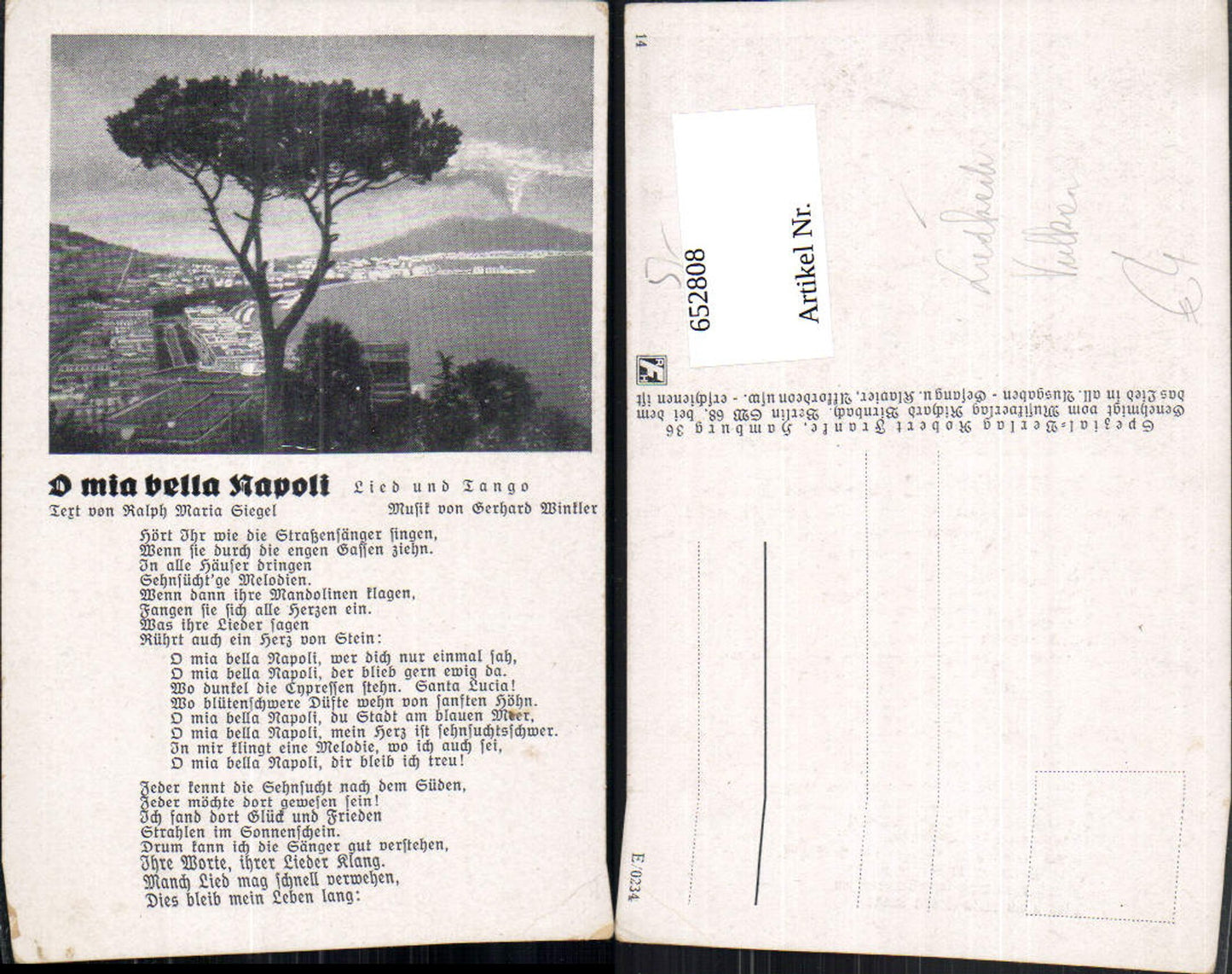 652808, song card O mia bella Napoli Ralph Siegel lyrics Vulkan