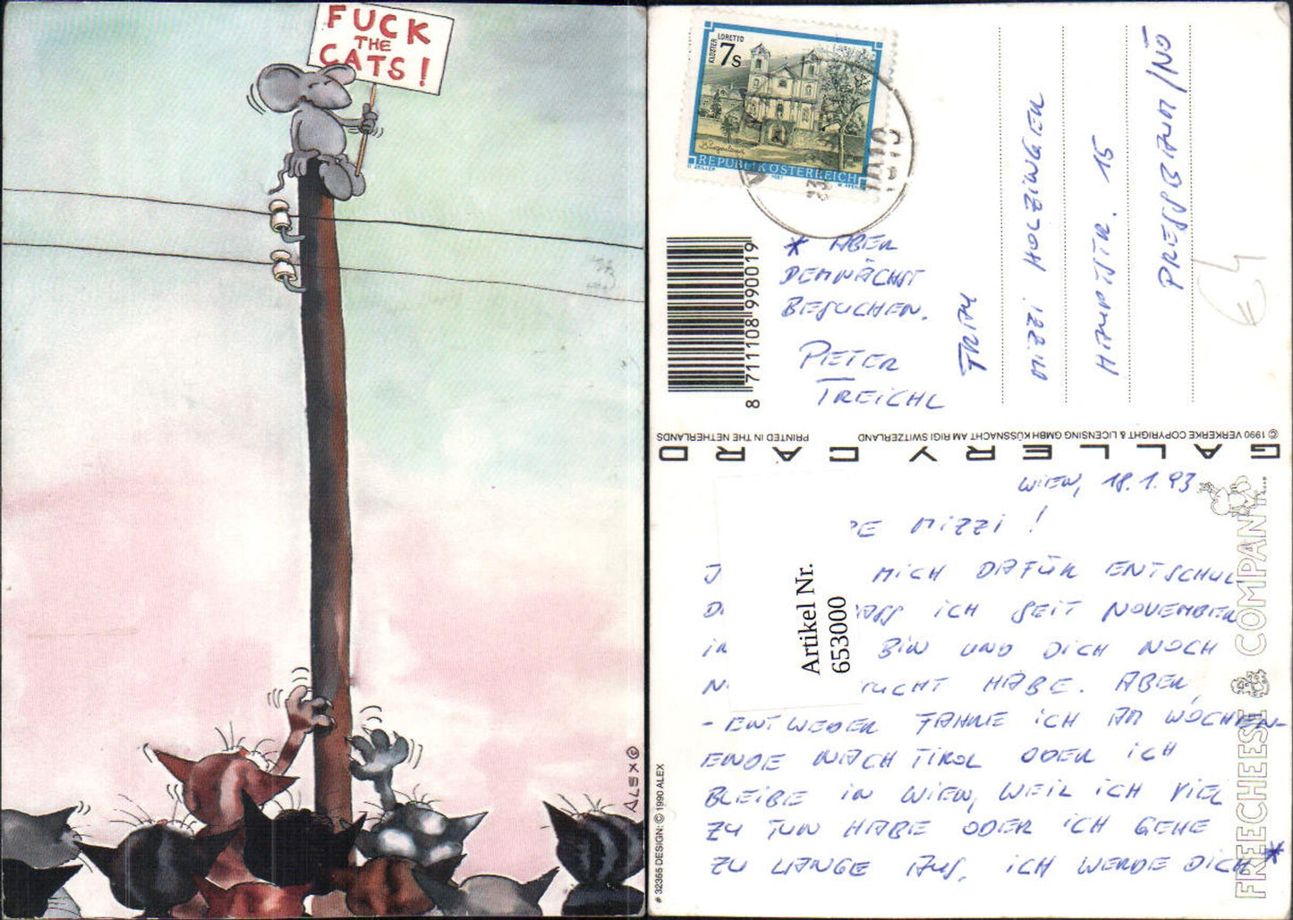 653000,Künstler Ak Alex Fuck the Cats Maus auf Stromleitung Humor