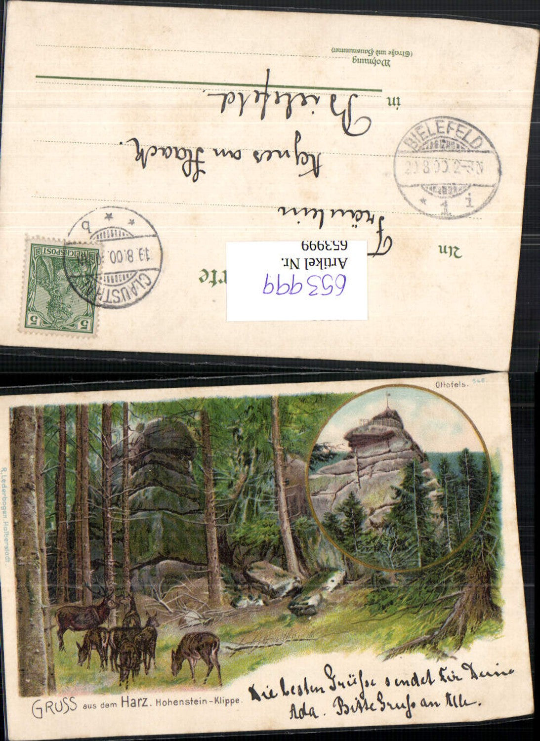 653999,Lithographie Gruss aus d. Harz Hohenstein Klippe Ottofels Clausthal Zellerfeld