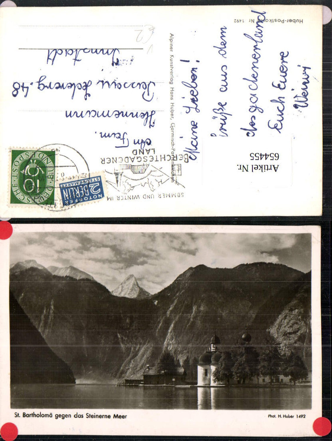 654455,Foto Ak Kirche St. Bartholomä Schönau am Königssee pub H. Huber 1492