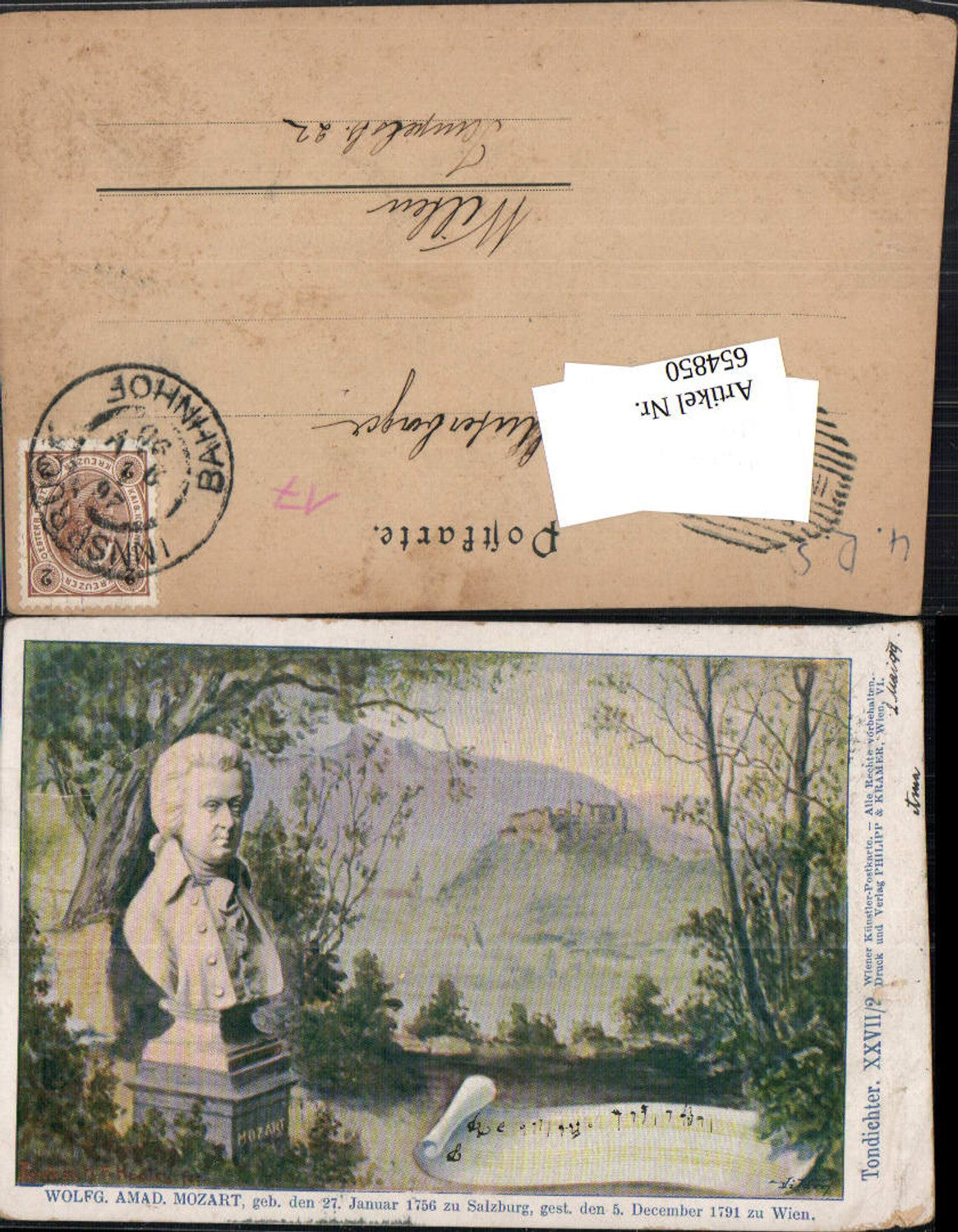 654850,Künstler Lithographie Wolfgang Amadeus Mozart Tondichter pub Philipp & Kramer XXVII/2