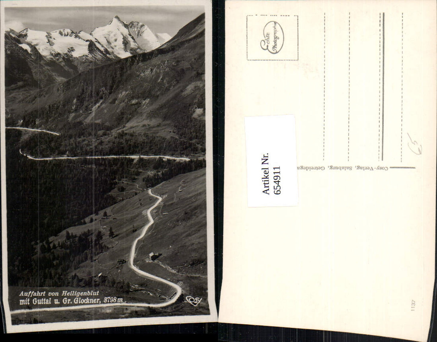 654911,Foto Ak Auffahrt v. Heiligenblut am Großglockner mit Guttal u. Großglockner