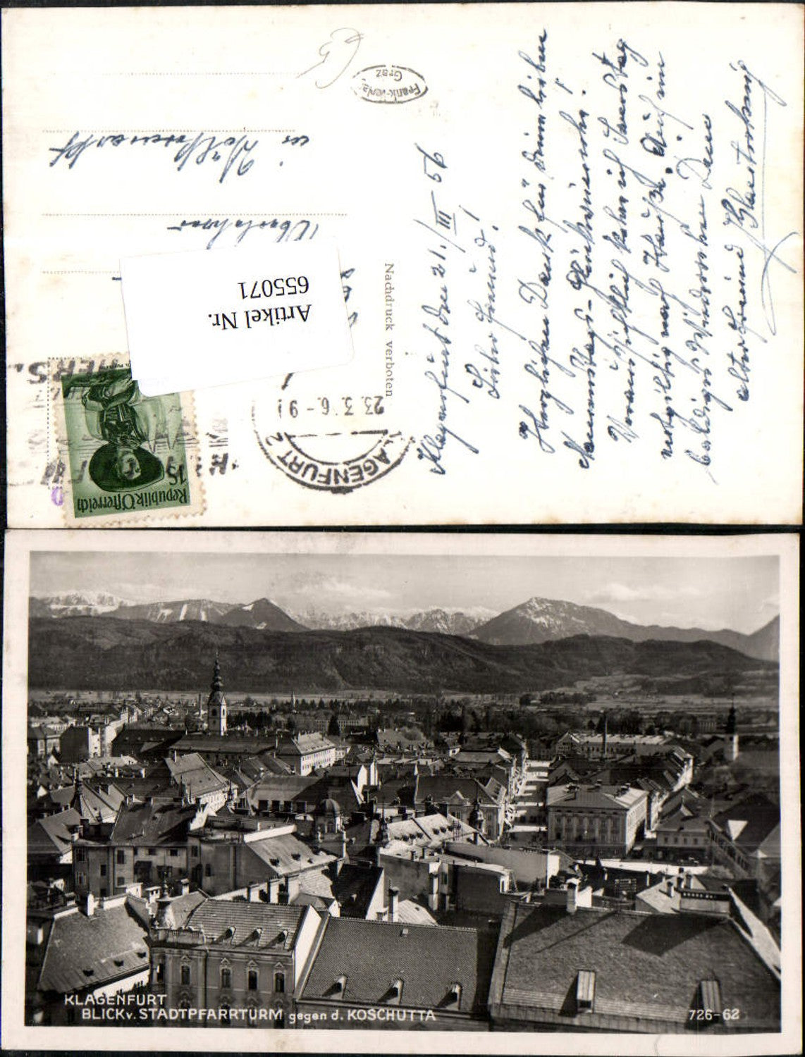 655071,Foto Ak Klagenfurt Blick v. Stadtpfarrturm geg. d. Koschutta