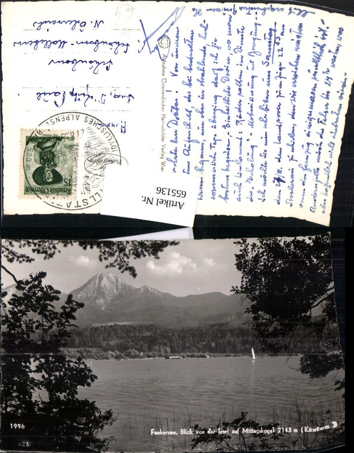 655136,Foto Ak Faakersee Blick v. d. Insel auf Mittagskogel Finkenstein am Faaker See