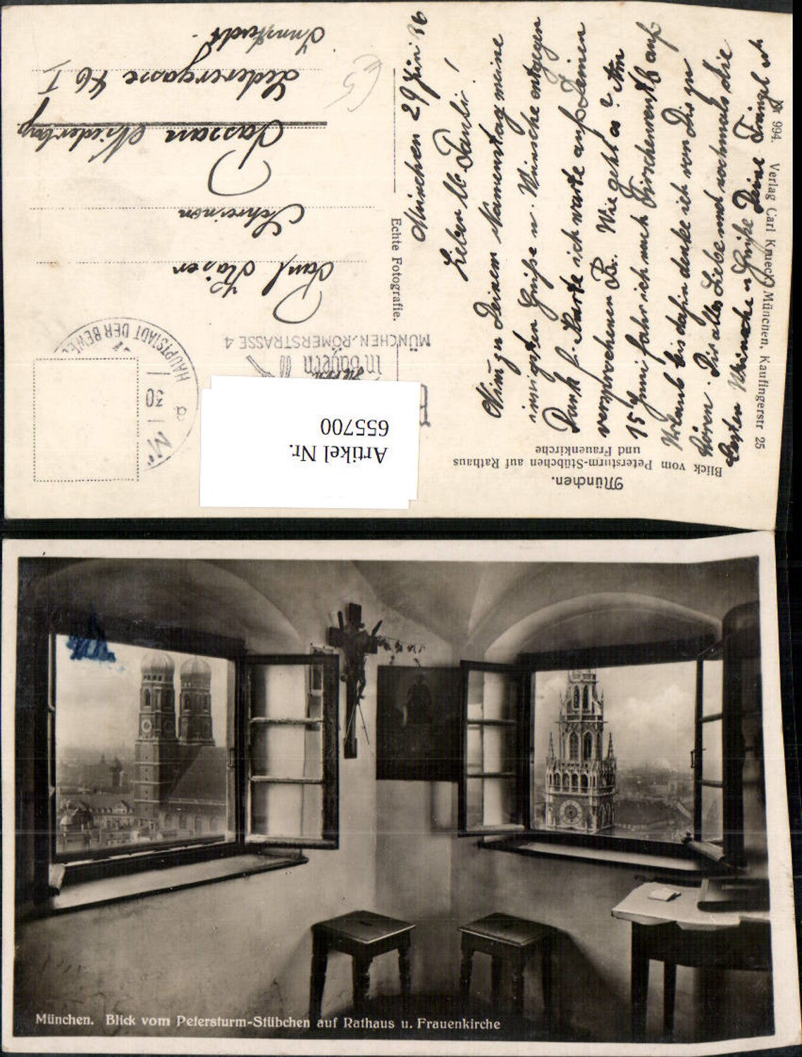 655700,Foto Ak München Blick v. Petersturm-Stübchen auf Rathaus u. Frauenkirche