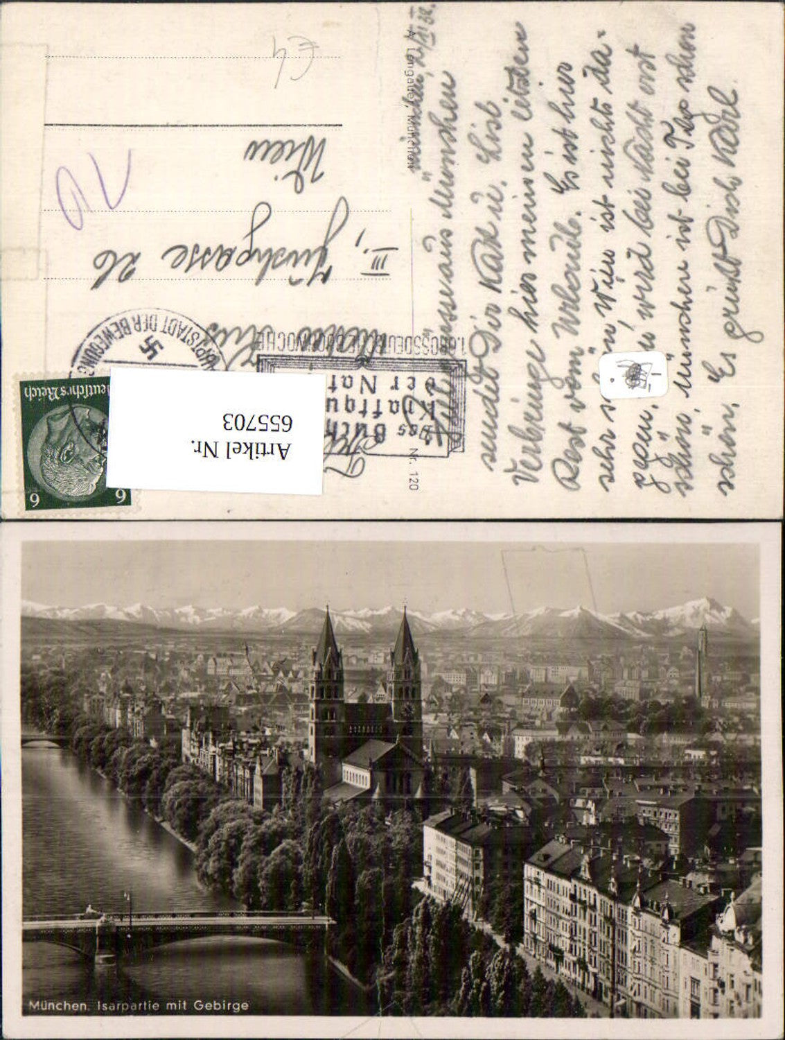 655703,Foto Ak München Isarpartie mit Gebirge