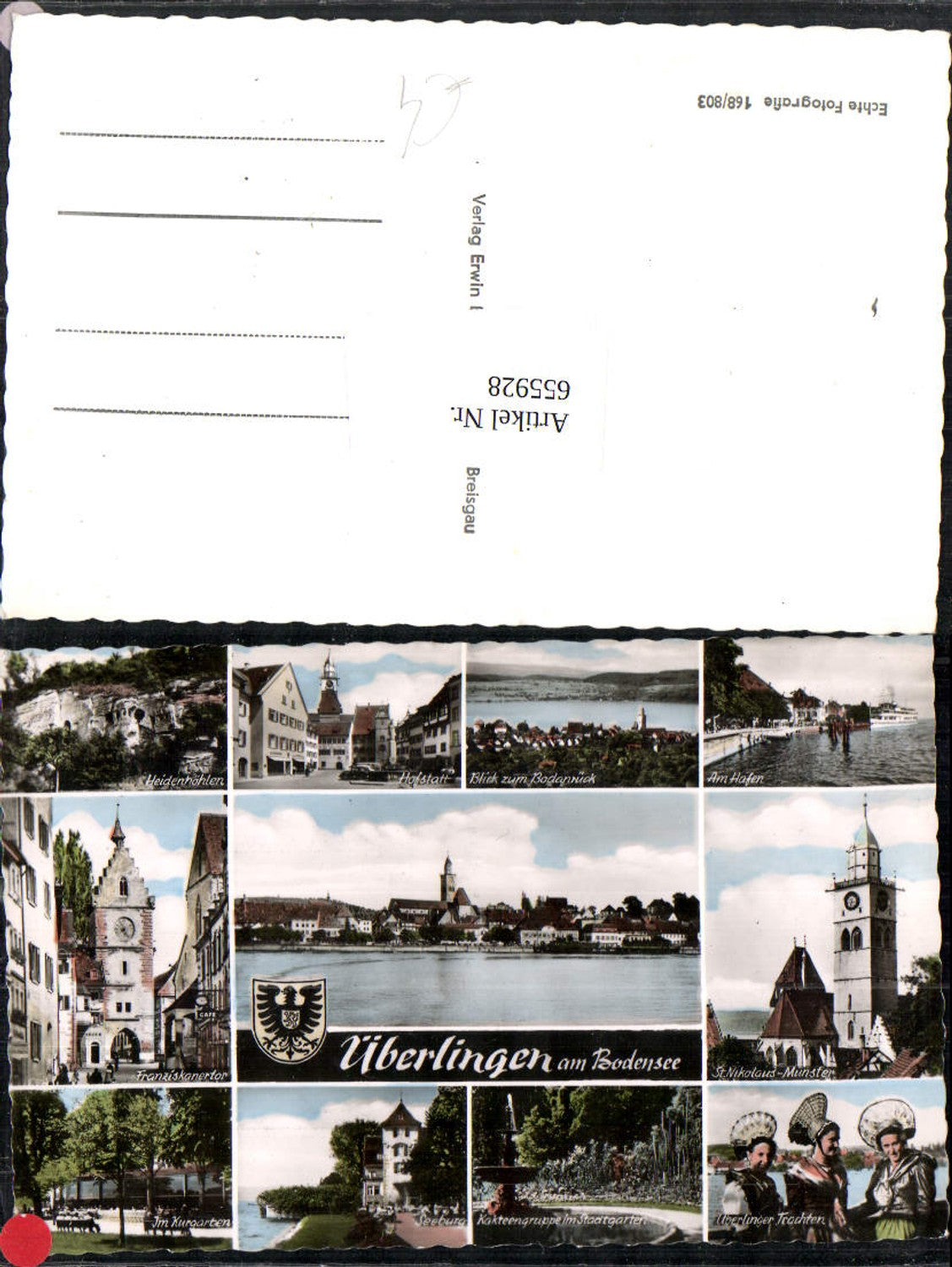 655928, Multi-image postcard of Überlingen on Lake Constance, Franciscan Gate at the harbor, traditional costume