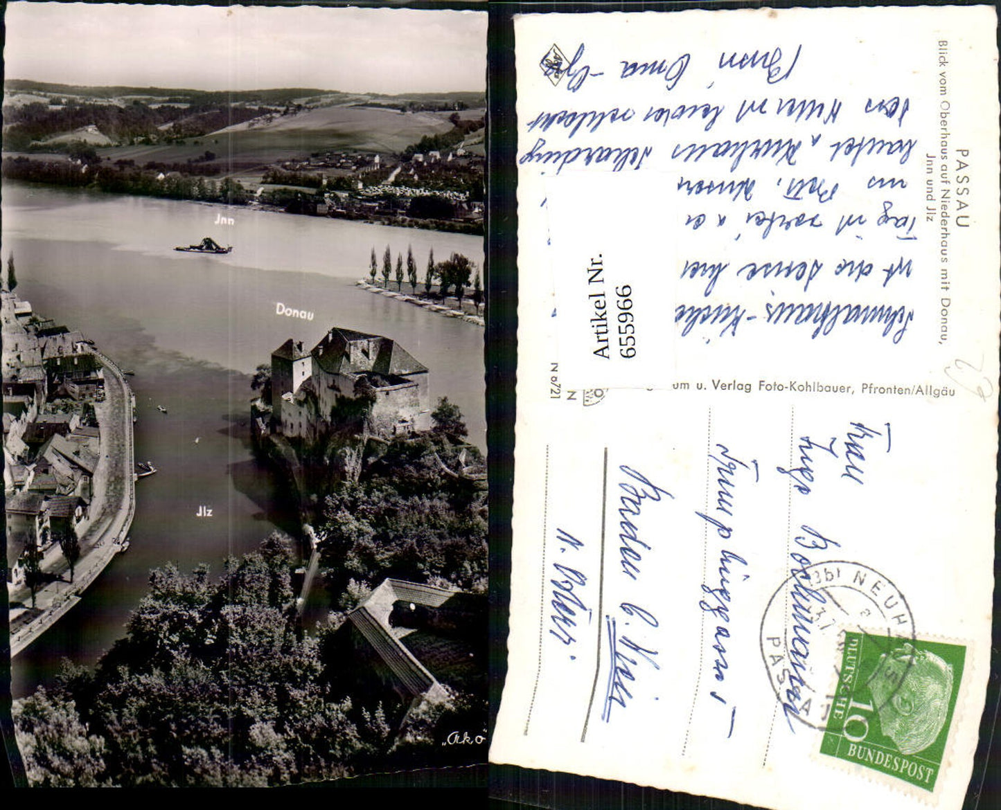 655966,Foto Ak Passau Blick v. Oberhaus auf Niederhaus mit Donau Inn u. Ilz