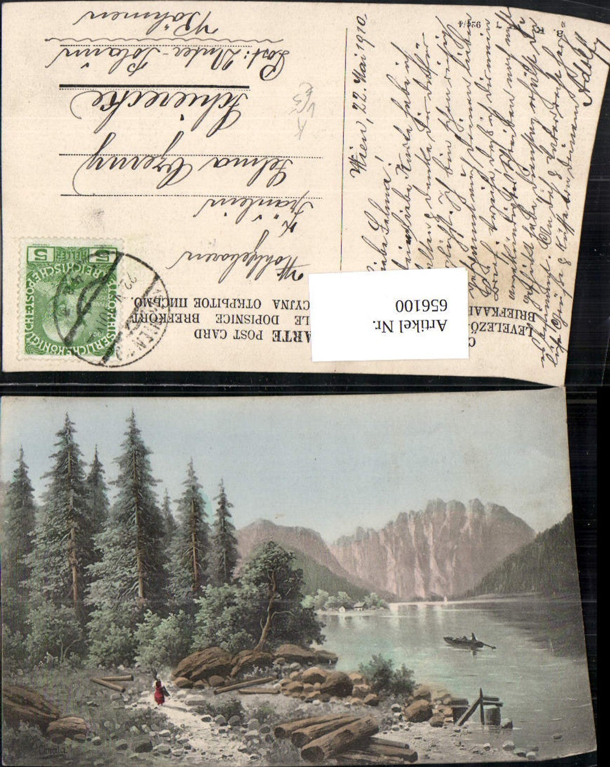656100,Künstler Ak See Landschaft Bergkulisse Frau sammelt Feuerholz pub B.K.W.I. 924/4