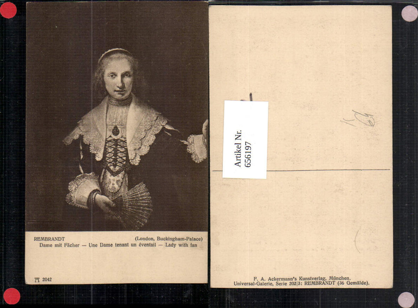 656197,Künstler Ak Rembrandt Dame mit Fächer Une Dame tenant u evantail Lady with fan