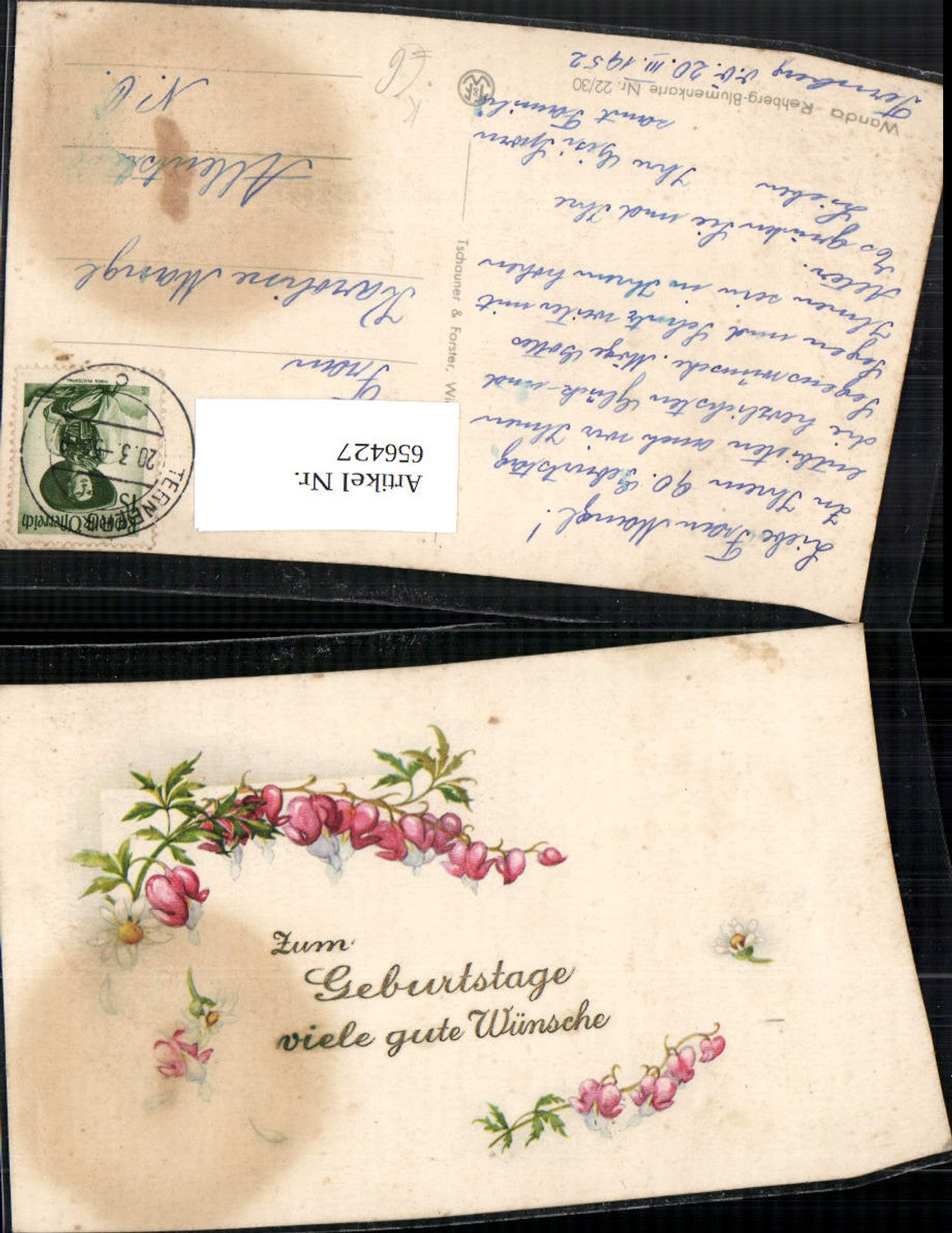 656427,Künstler Ak Wanda Rehberg Blumenkarte 22/30 Tränendes Herz Blume Geburtstag