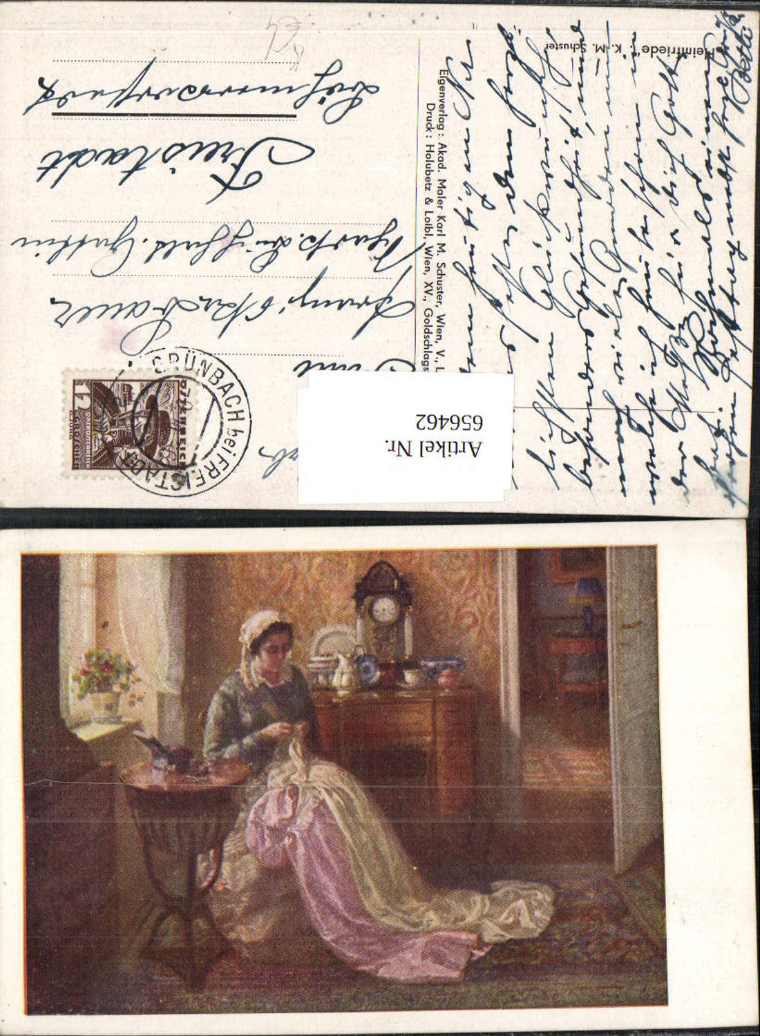 656462,Künstler Ak K. M. Schuster Heimfriede Frau Nähen Heimarbeit Interieur