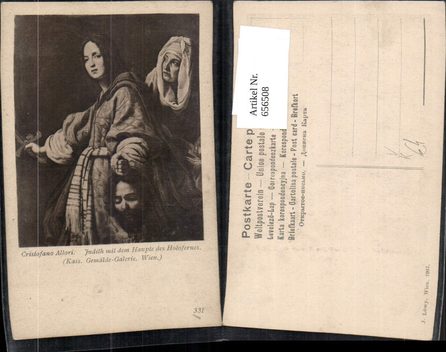 656508,Künstler Ak Cristofano Allori Judith mit dem Haupte des Holofernes Tod pub J. Löwy 331